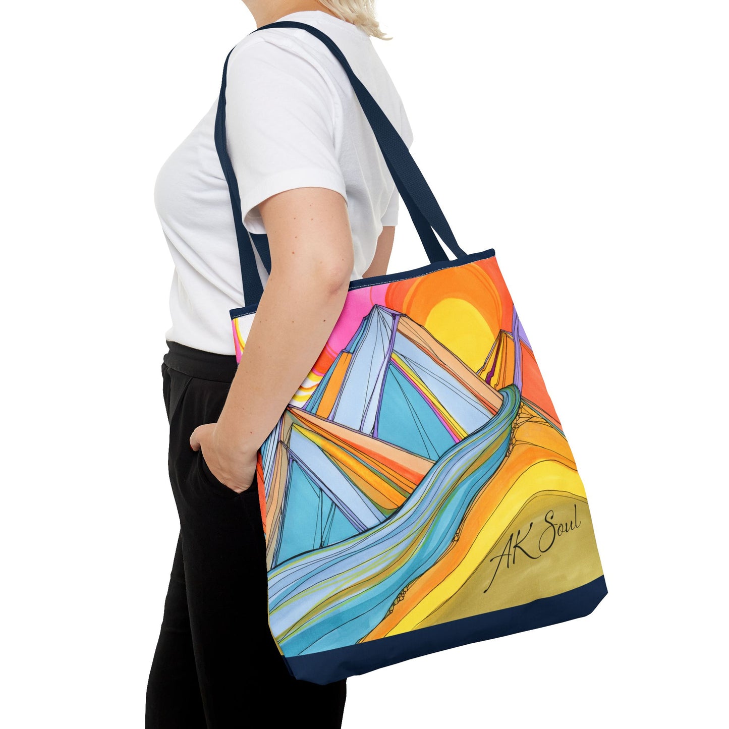 Colorful Mountain Sunset Tote Bag — Vibrant Abstract Landscape AOP