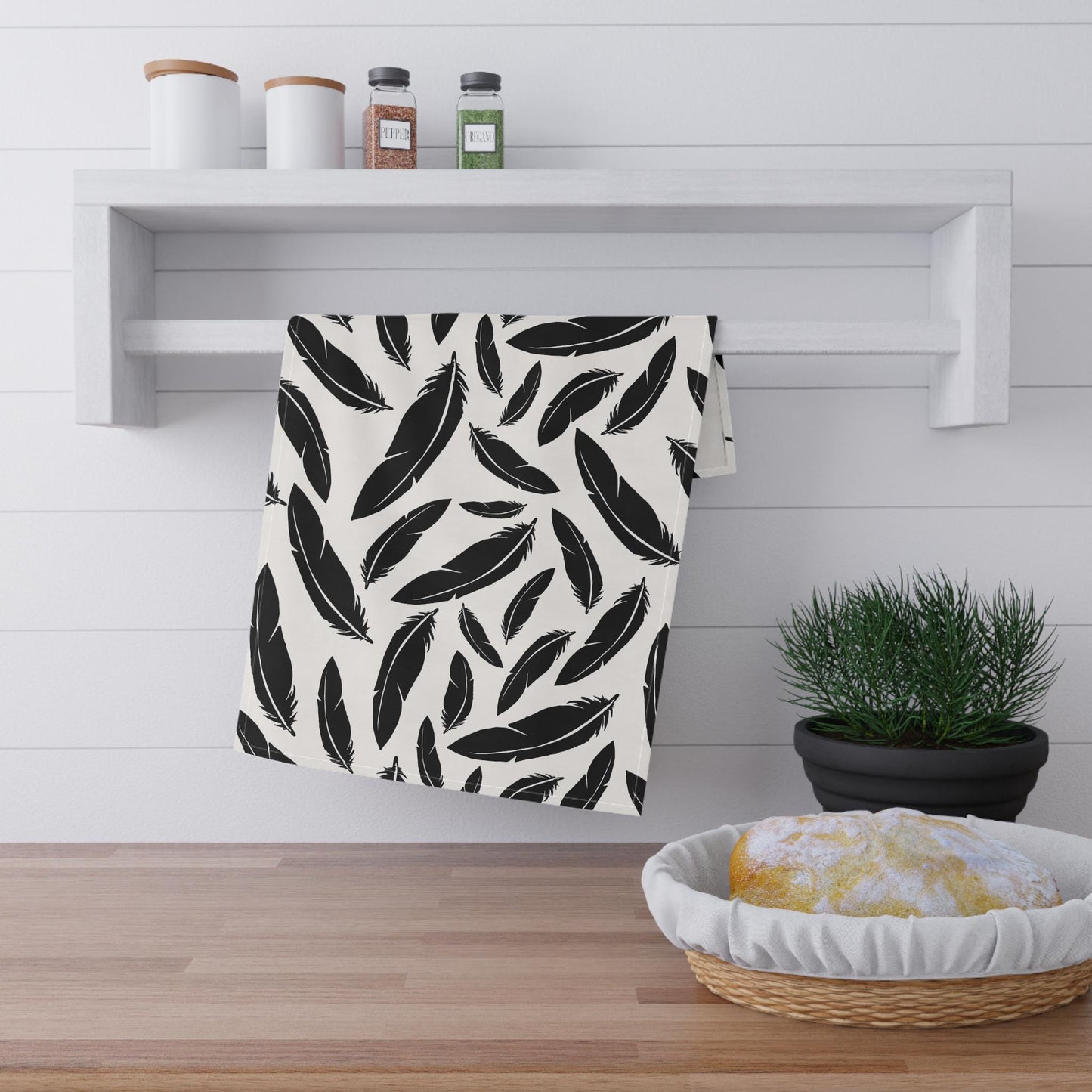 Raven Feather-Pattern Cotton Tea Towel: Boho Kitchen Decor