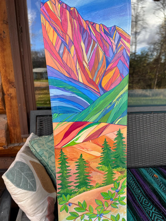Snowboard art, bold mountains and sweet blueberries painted with acrylics