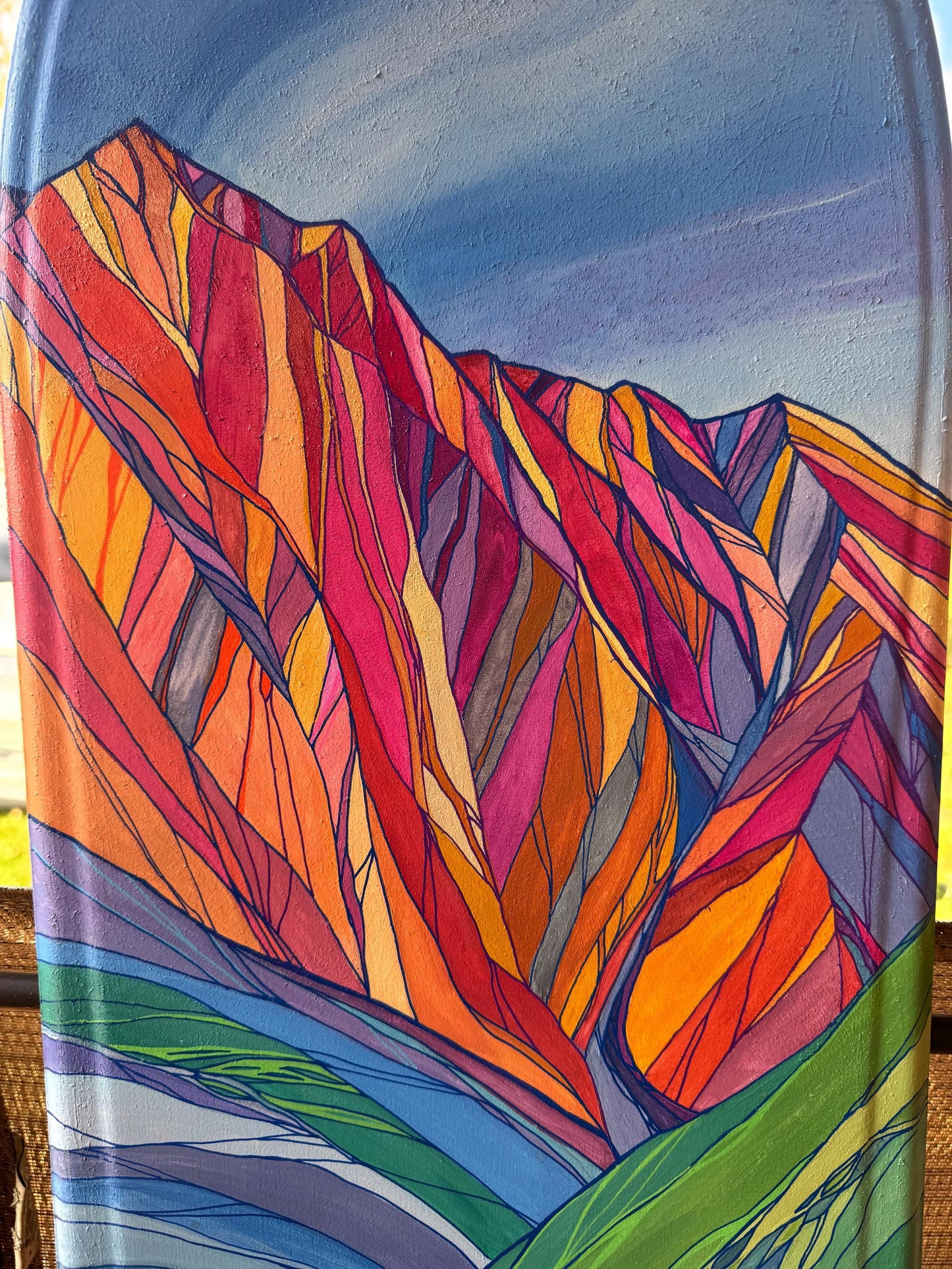 Snowboard art, bold mountains and sweet blueberries painted with acrylics