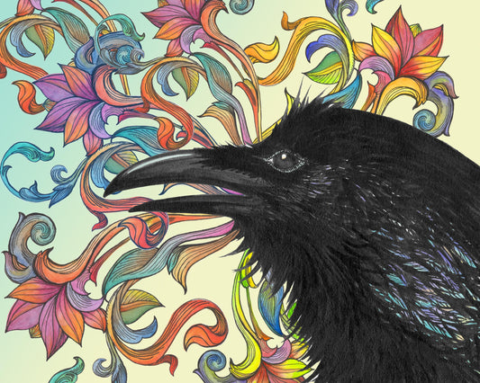 Black raven with brightly colored filagree print, hand drawn and painted
