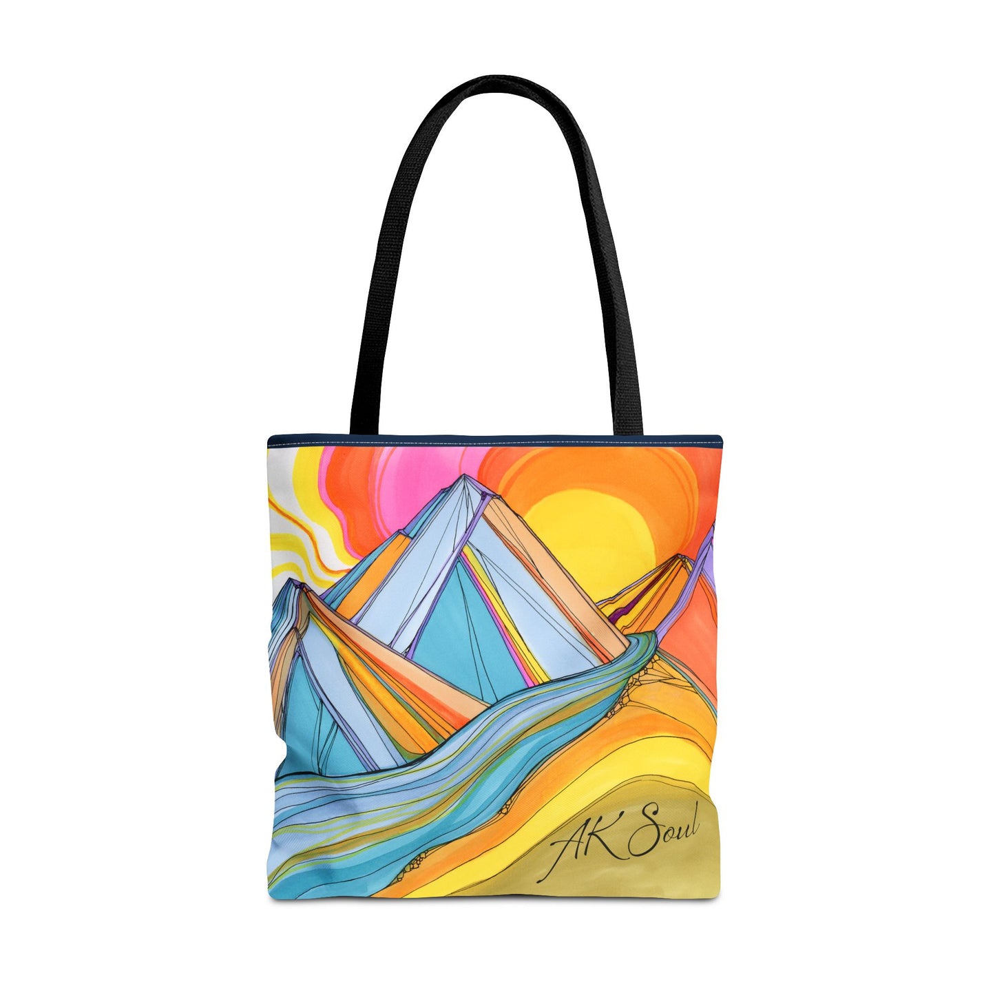 Colorful Mountain Sunset Tote Bag — Vibrant Abstract Landscape AOP