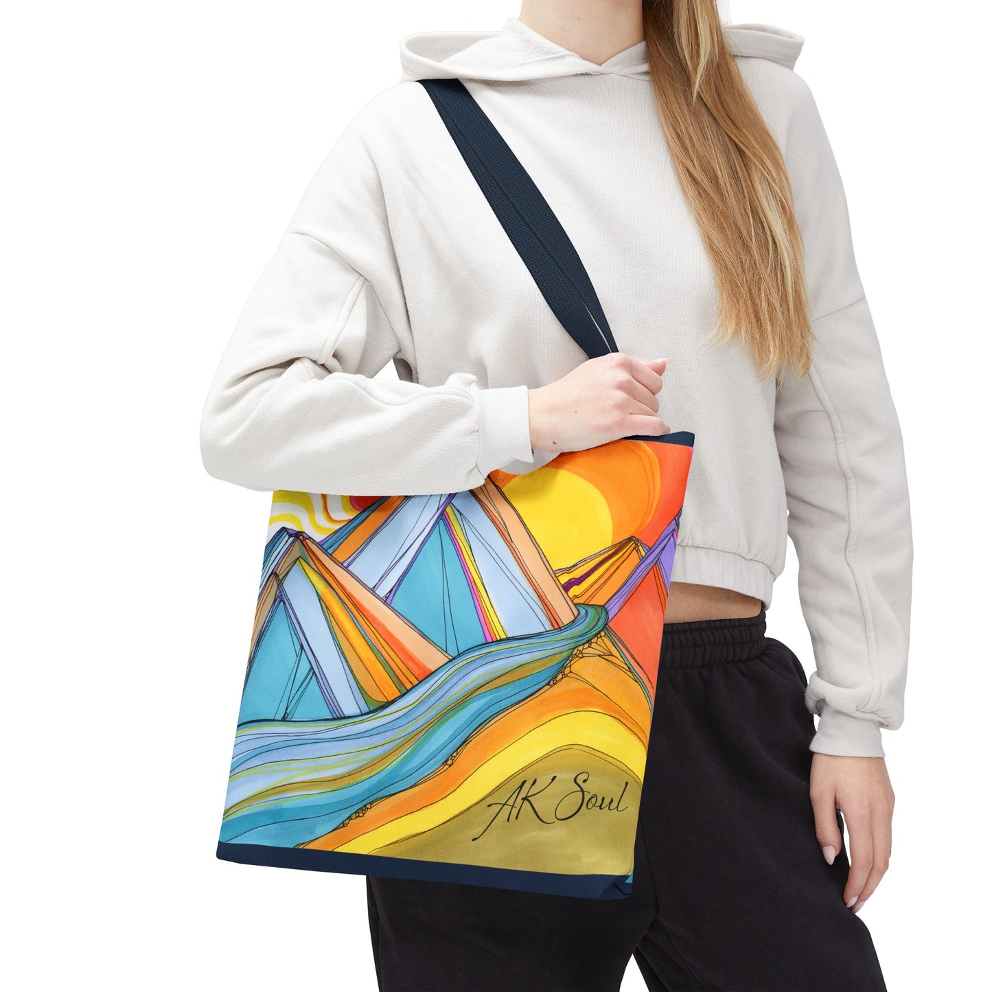 Colorful Mountain Sunset Tote Bag — Vibrant Abstract Landscape AOP