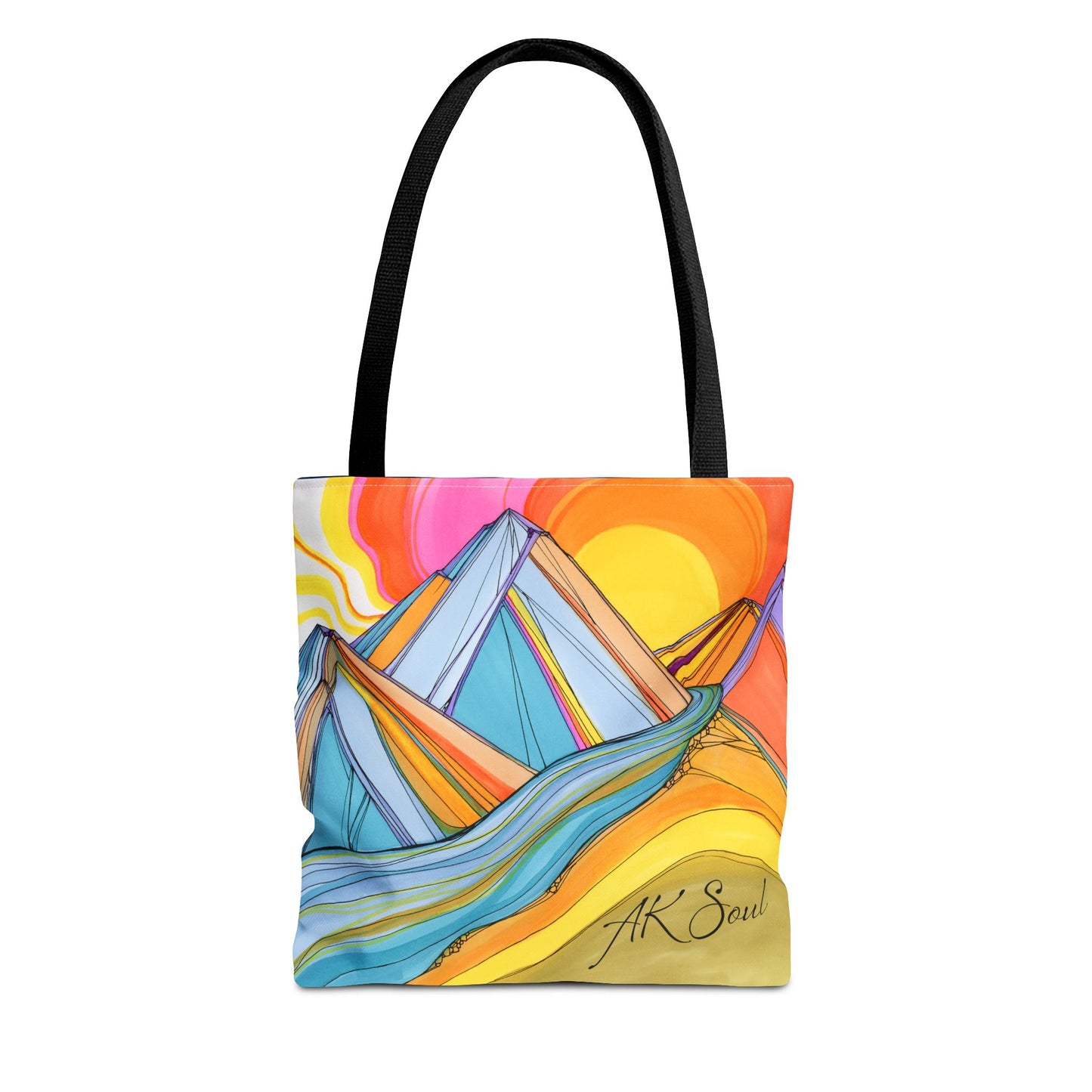 Colorful Mountain Sunset Tote Bag — Vibrant Abstract Landscape AOP