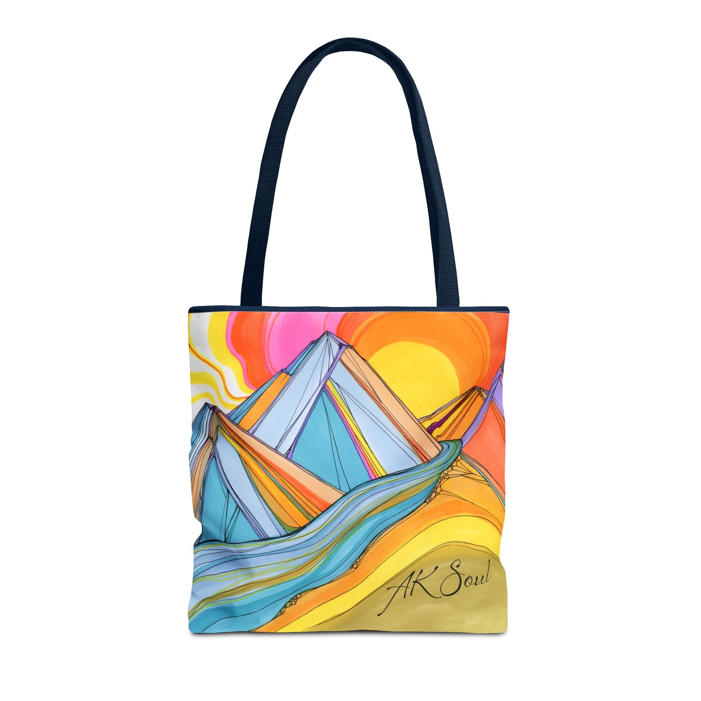 Colorful Mountain Sunset Tote Bag — Vibrant Abstract Landscape AOP