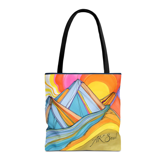 Colorful Mountain Sunset Tote Bag — Vibrant Abstract Landscape AOP