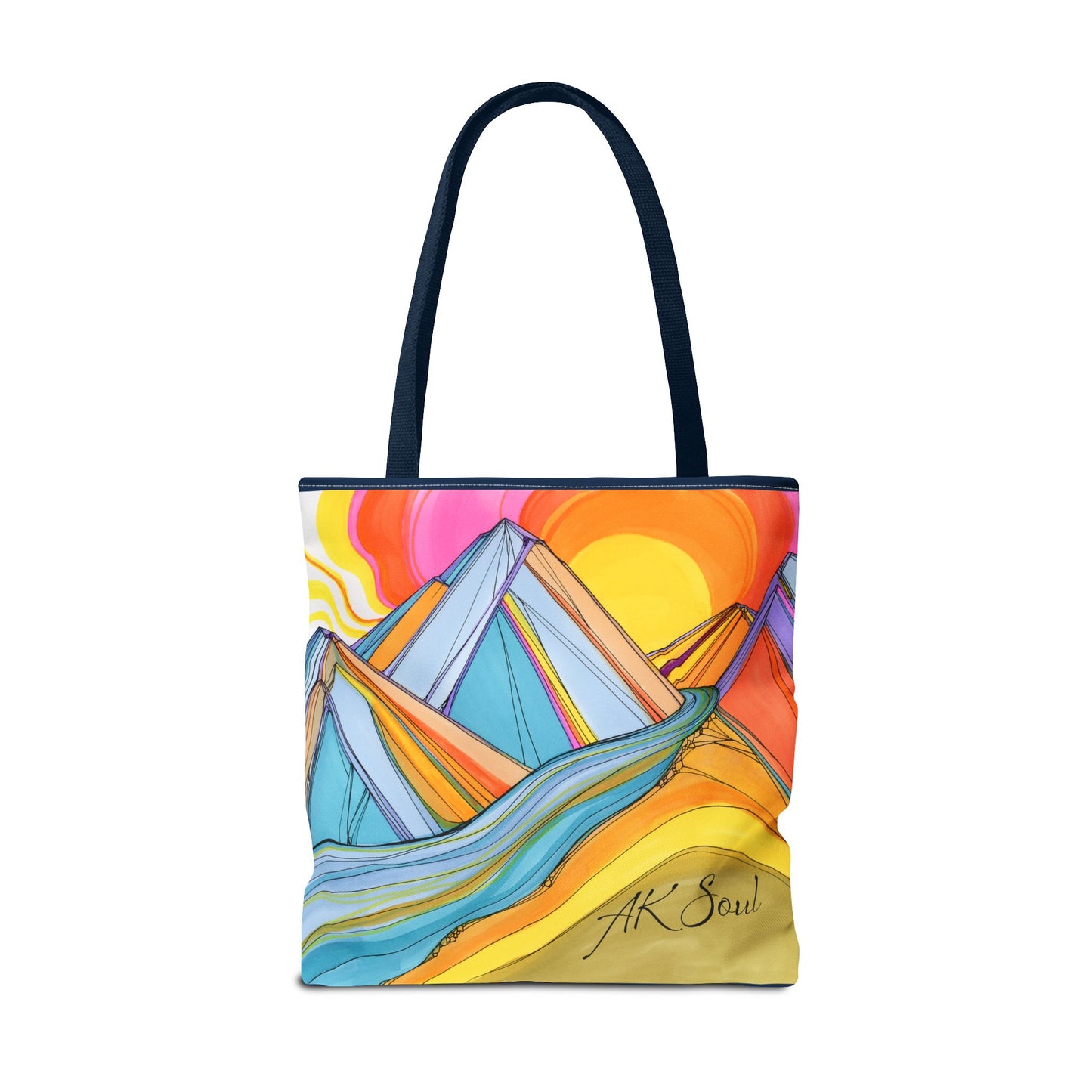 Colorful Mountain Sunset Tote Bag — Vibrant Abstract Landscape AOP
