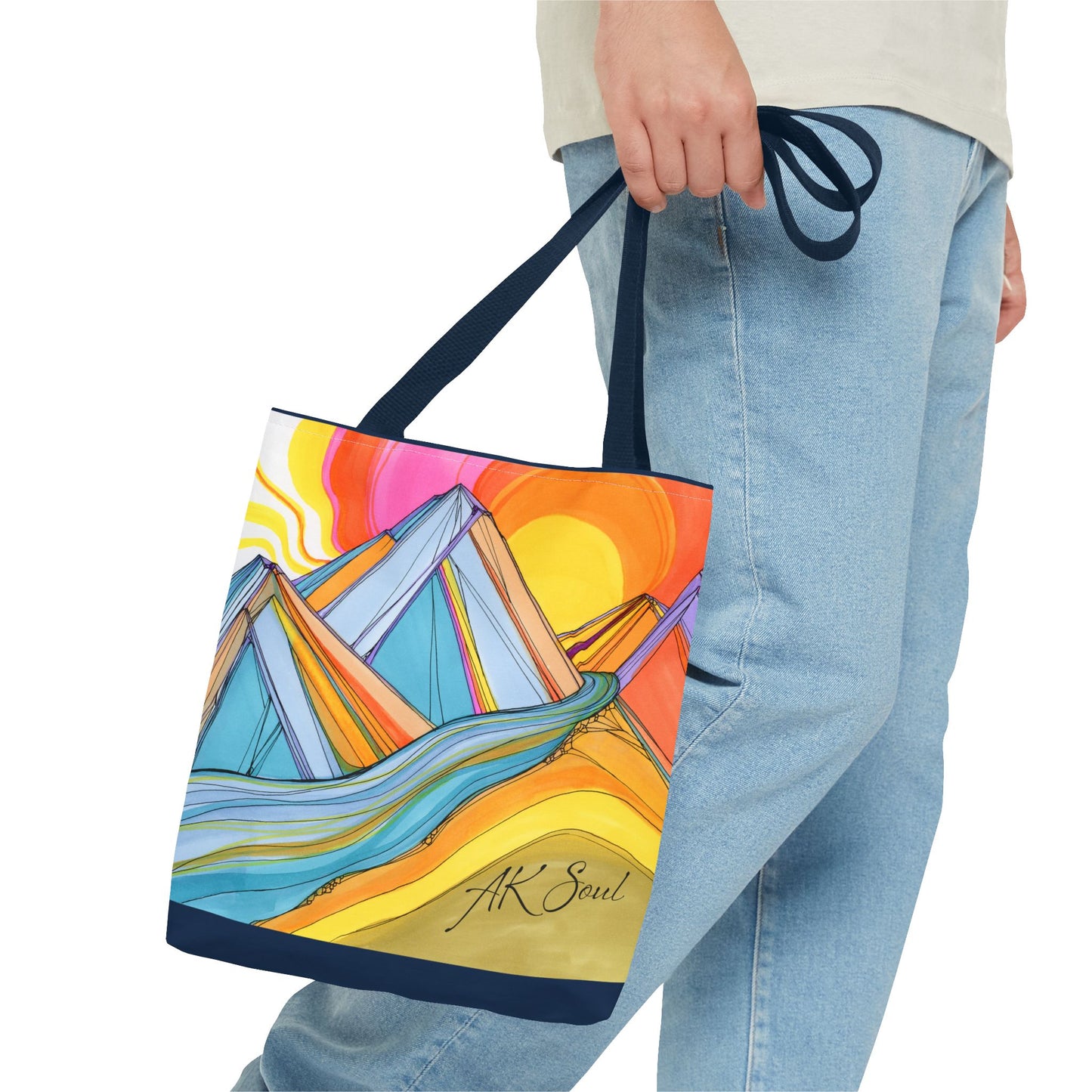 Colorful Mountain Sunset Tote Bag — Vibrant Abstract Landscape AOP