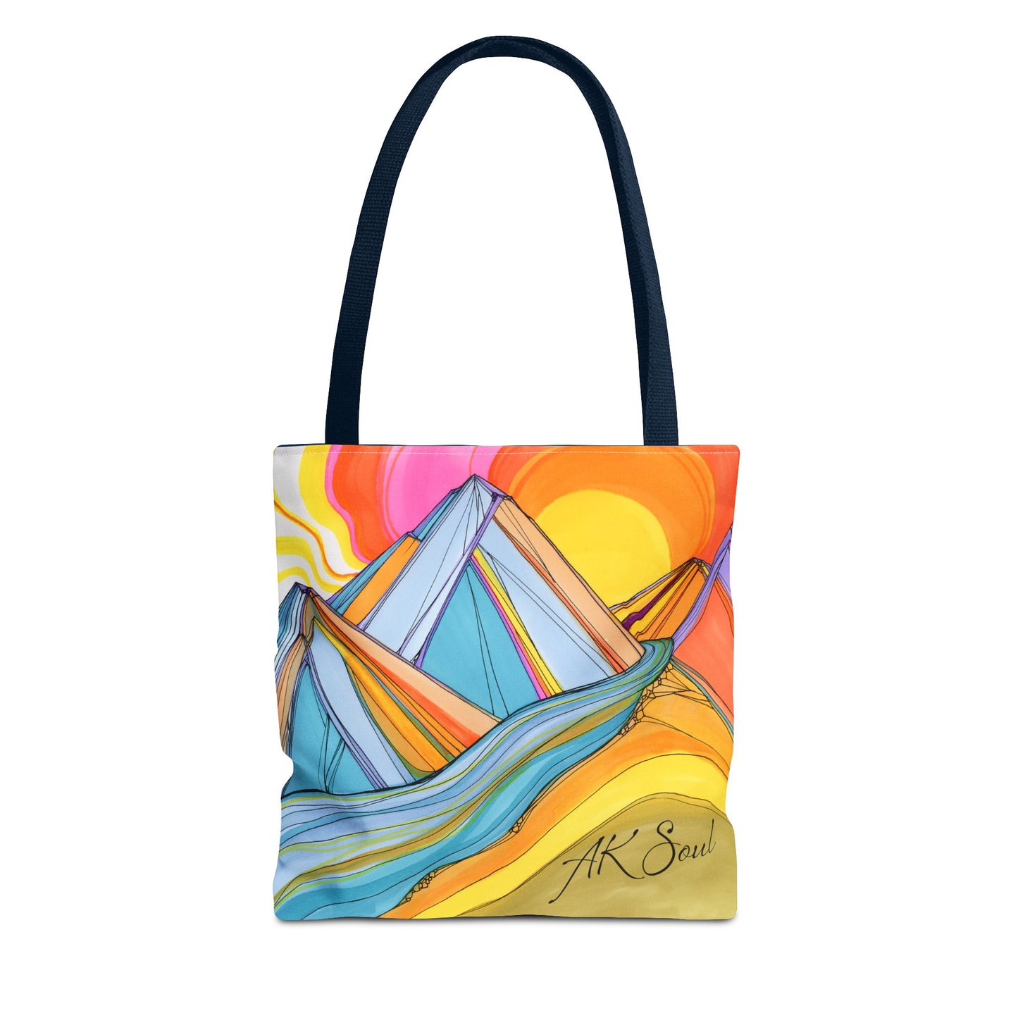 Colorful Mountain Sunset Tote Bag — Vibrant Abstract Landscape AOP