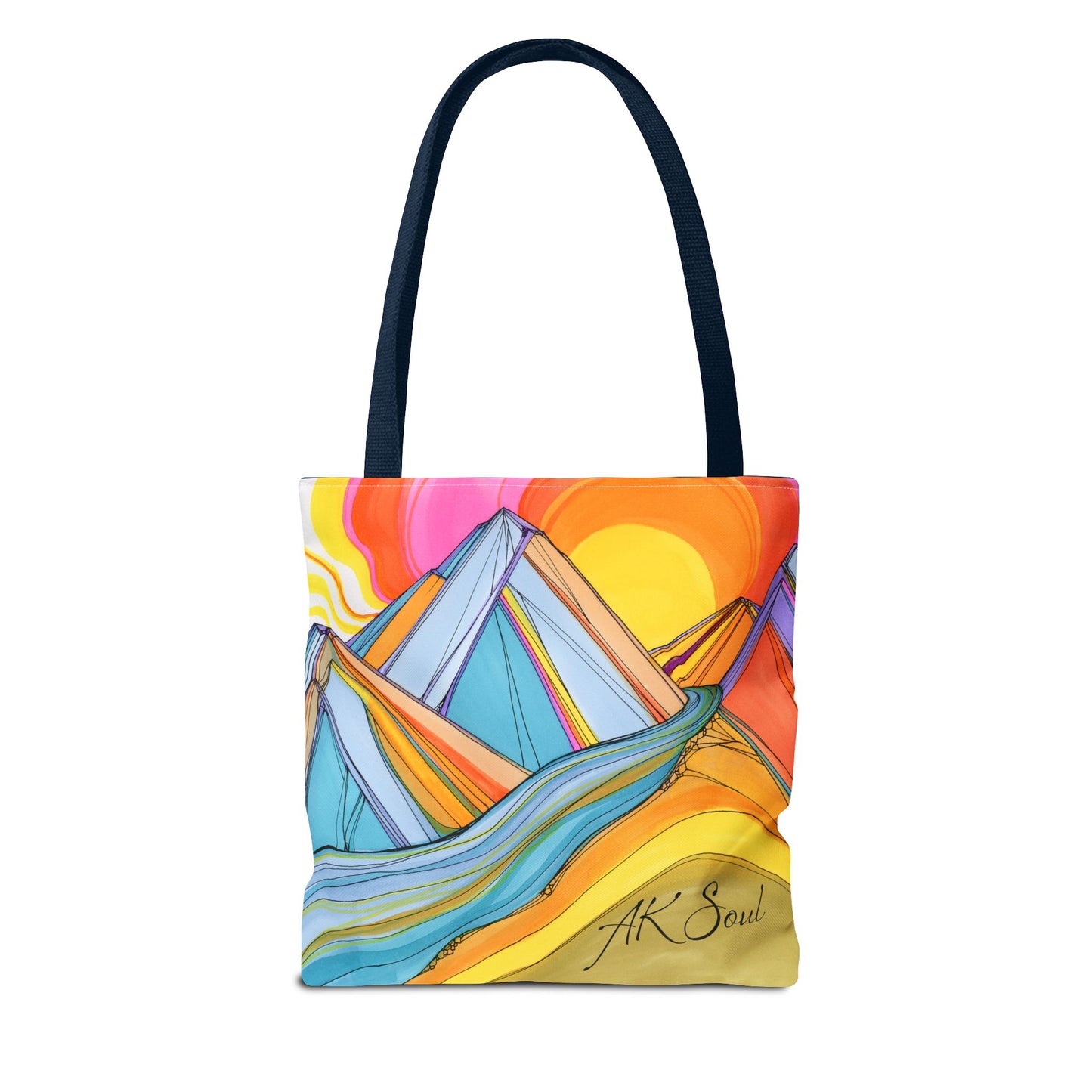 Colorful Mountain Sunset Tote Bag — Vibrant Abstract Landscape AOP