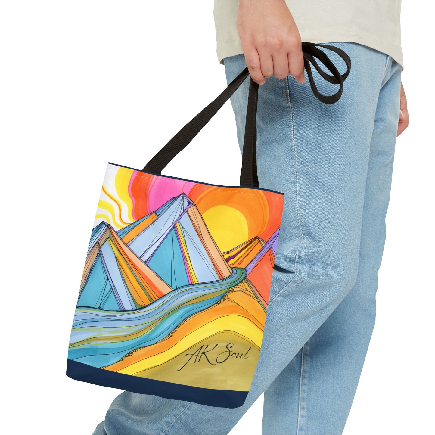 Colorful Mountain Sunset Tote Bag — Vibrant Abstract Landscape AOP