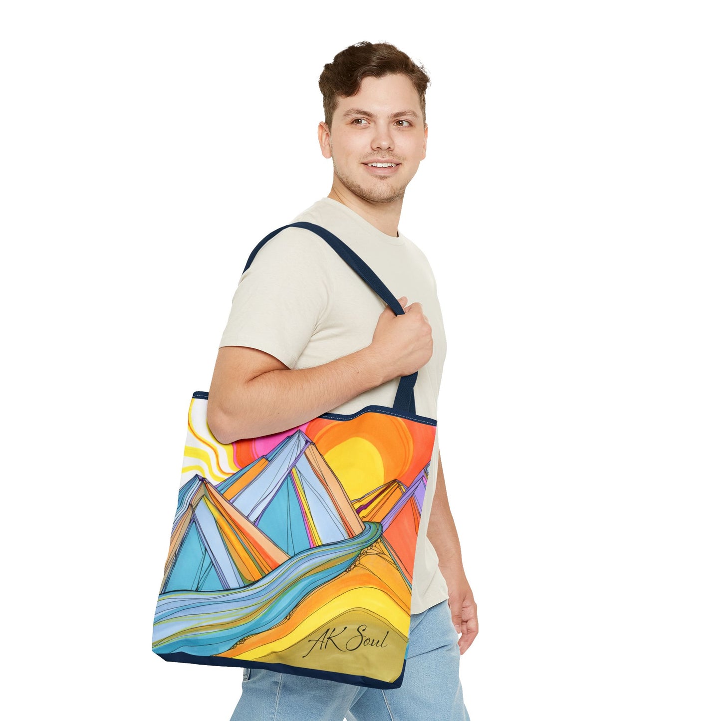 Colorful Mountain Sunset Tote Bag — Vibrant Abstract Landscape AOP
