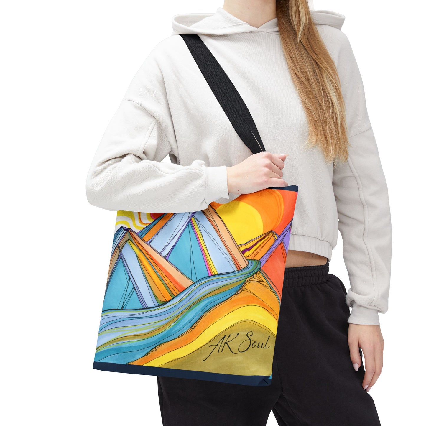 Colorful Mountain Sunset Tote Bag — Vibrant Abstract Landscape AOP