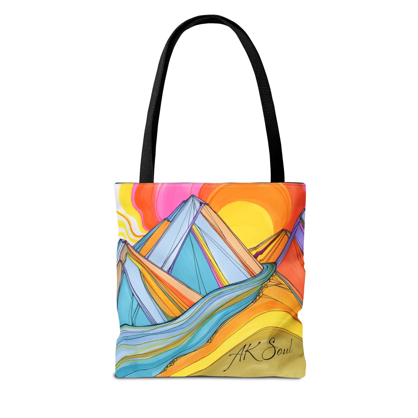 Colorful Mountain Sunset Tote Bag — Vibrant Abstract Landscape AOP
