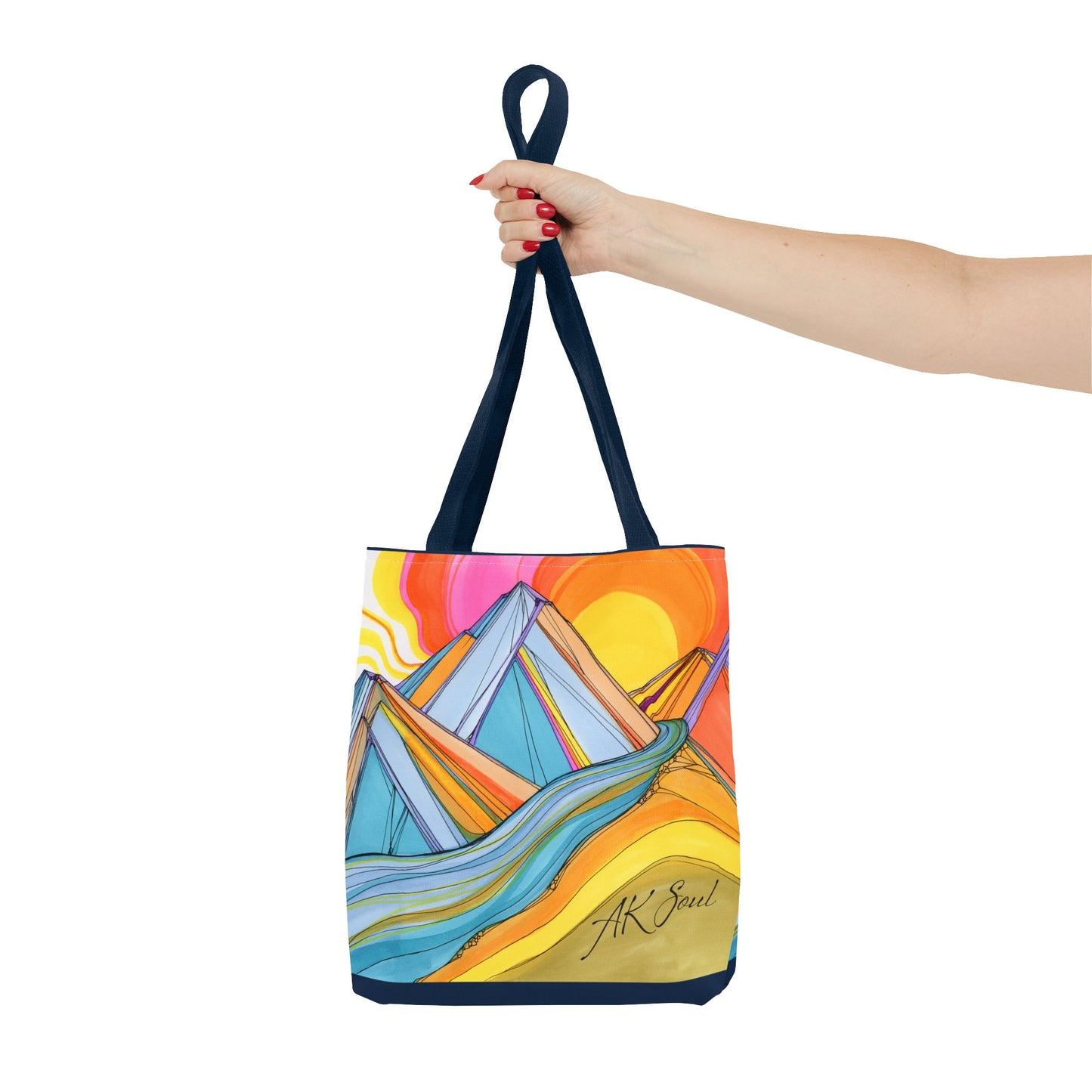 Colorful Mountain Sunset Tote Bag — Vibrant Abstract Landscape AOP