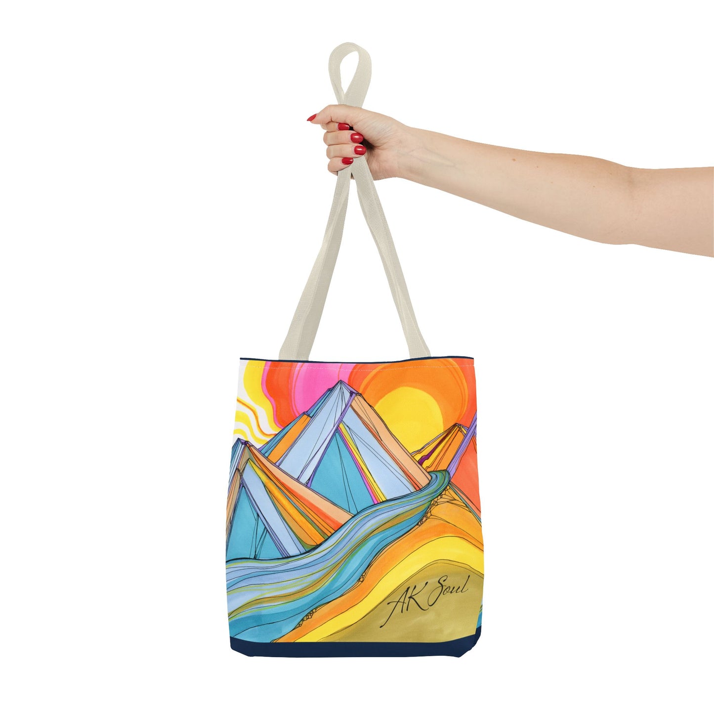Colorful Mountain Sunset Tote Bag — Vibrant Abstract Landscape AOP