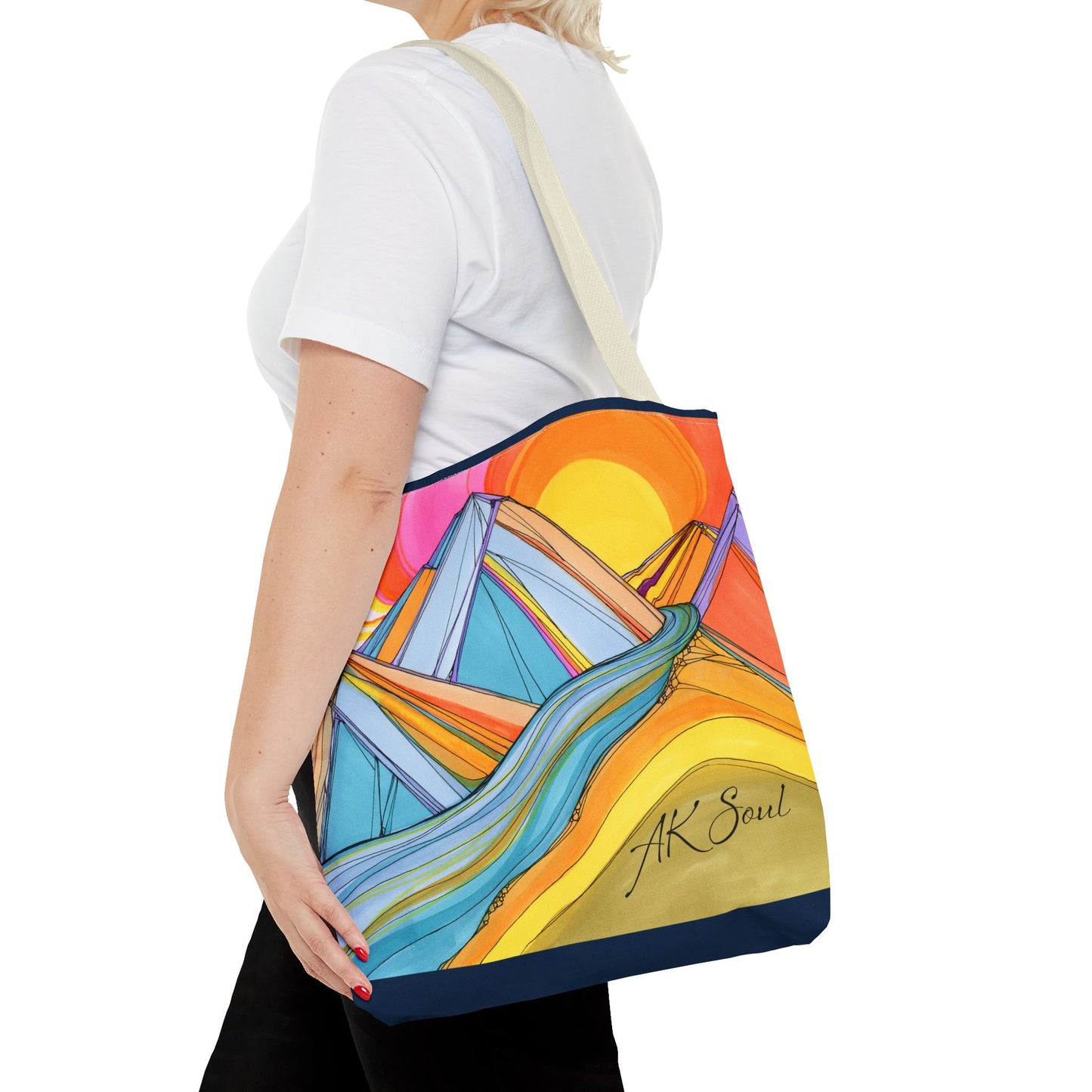 Colorful Mountain Sunset Tote Bag — Vibrant Abstract Landscape AOP