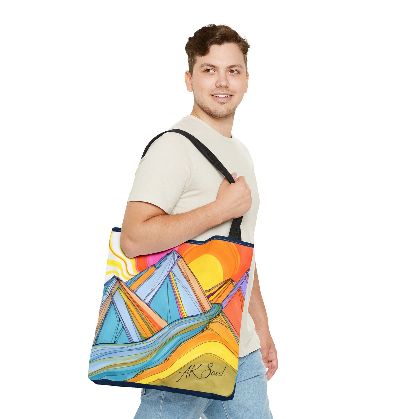 Colorful Mountain Sunset Tote Bag — Vibrant Abstract Landscape AOP