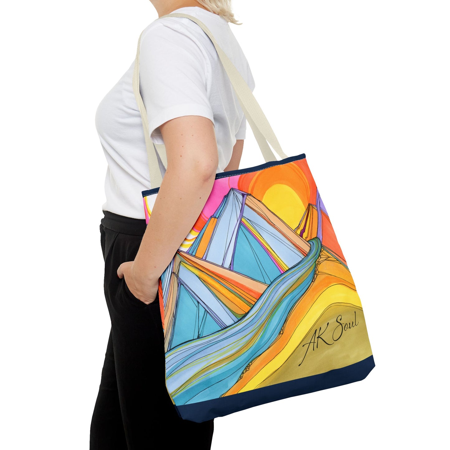 Colorful Mountain Sunset Tote Bag — Vibrant Abstract Landscape AOP
