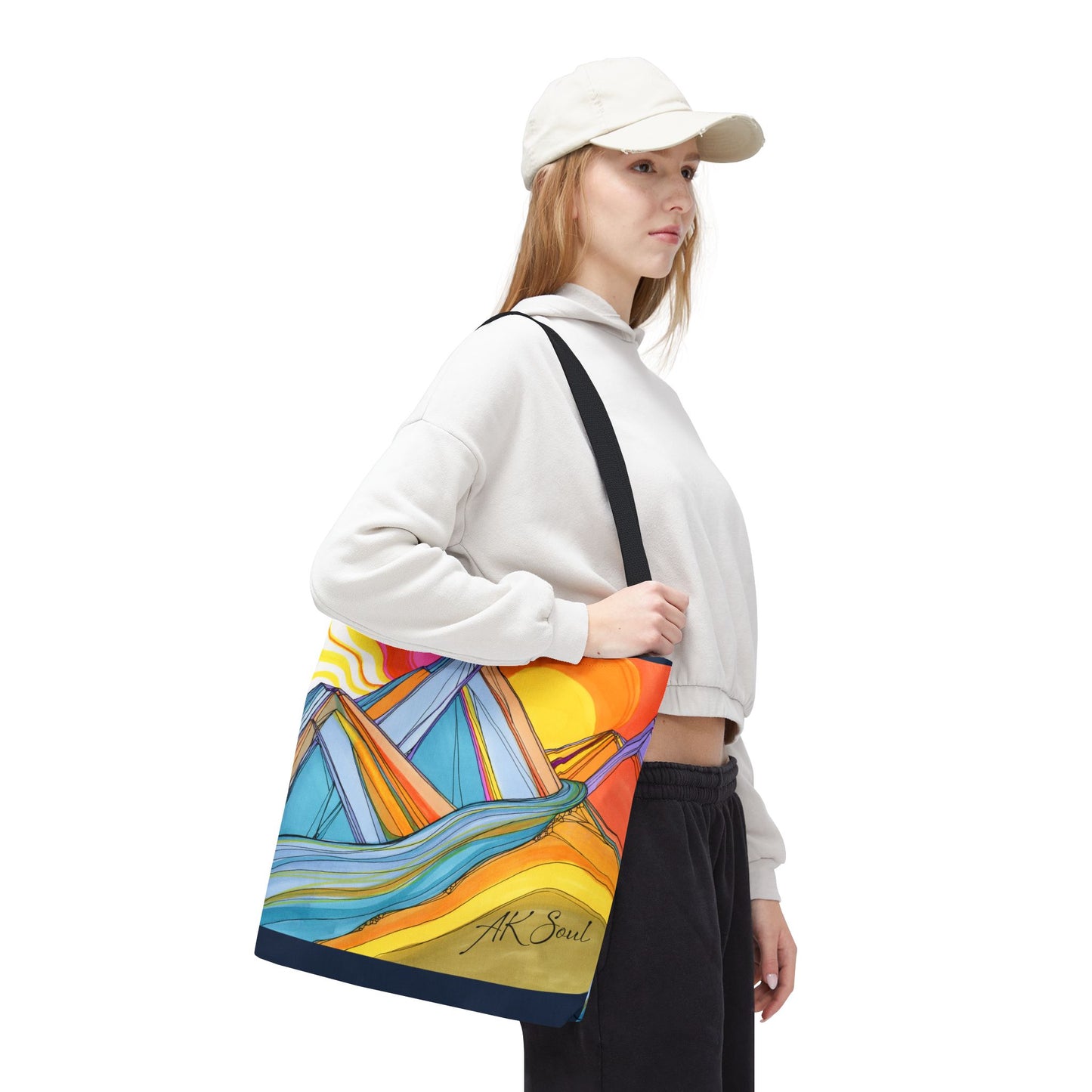 Colorful Mountain Sunset Tote Bag — Vibrant Abstract Landscape AOP