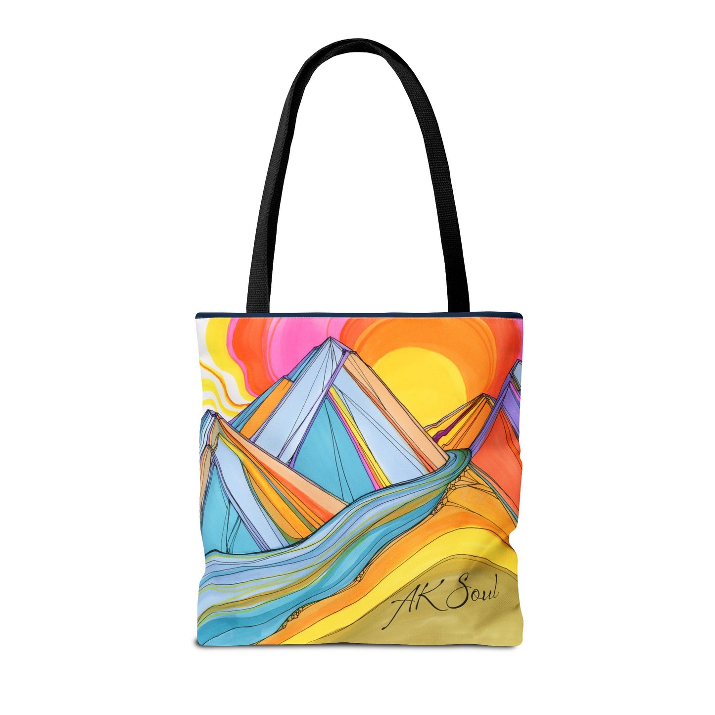 Colorful Mountain Sunset Tote Bag — Vibrant Abstract Landscape AOP