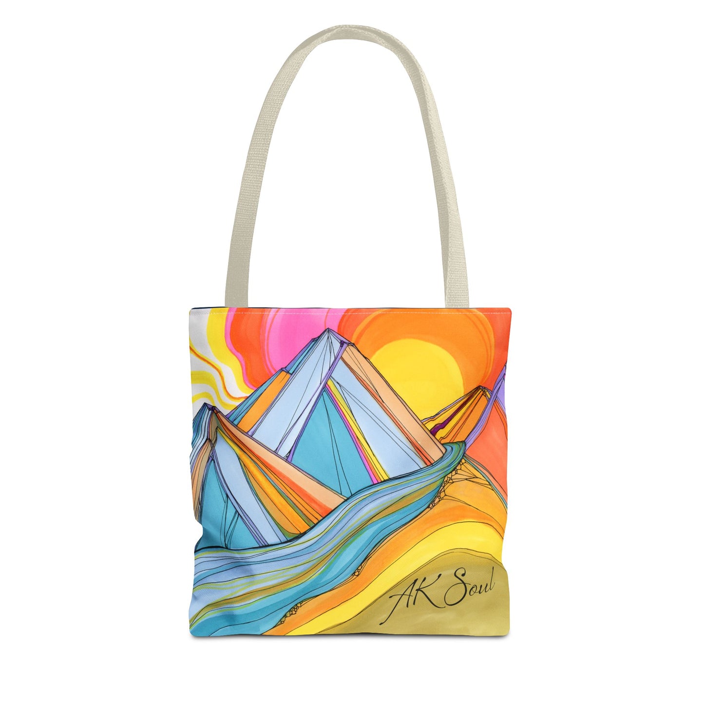 Colorful Mountain Sunset Tote Bag — Vibrant Abstract Landscape AOP
