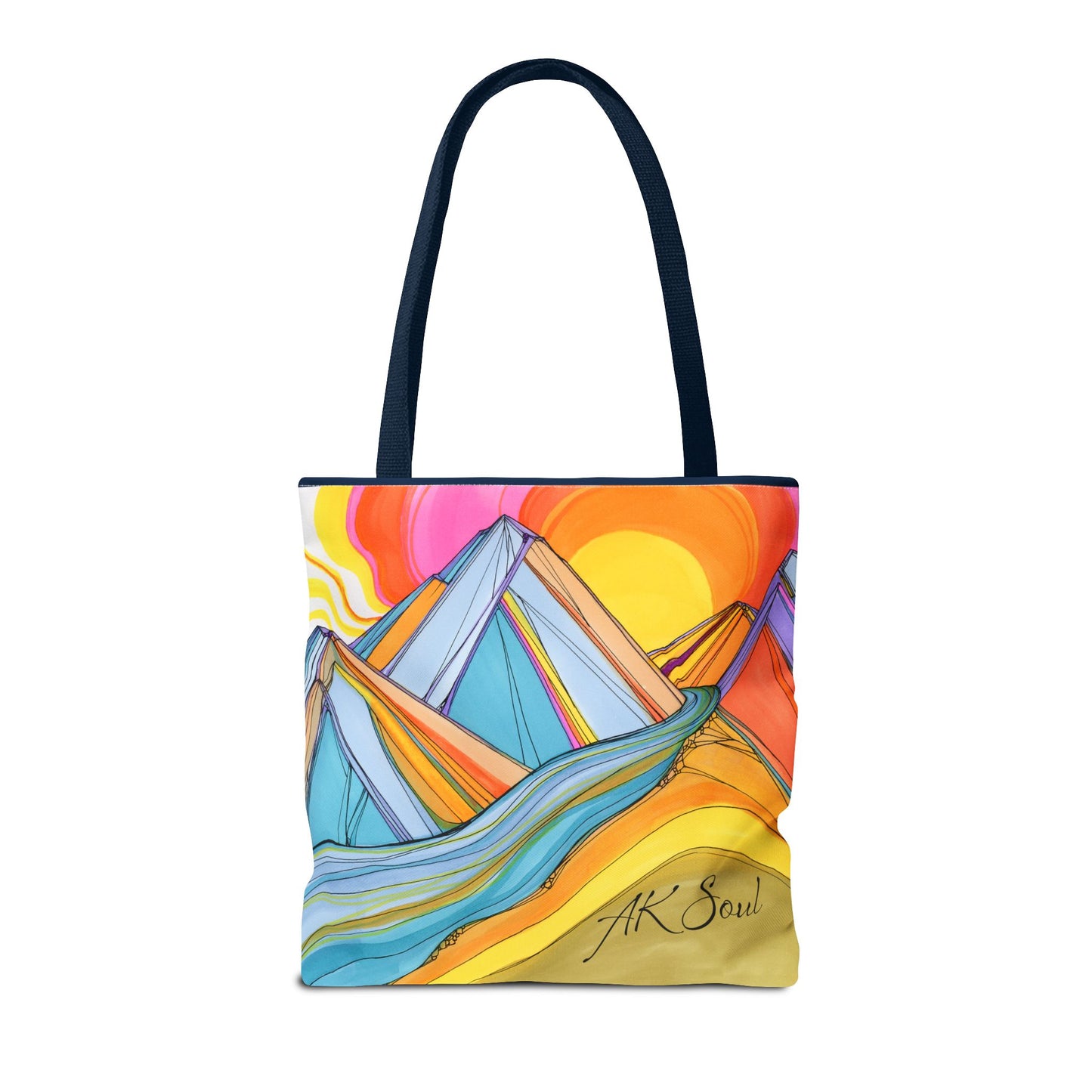 Colorful Mountain Sunset Tote Bag — Vibrant Abstract Landscape AOP