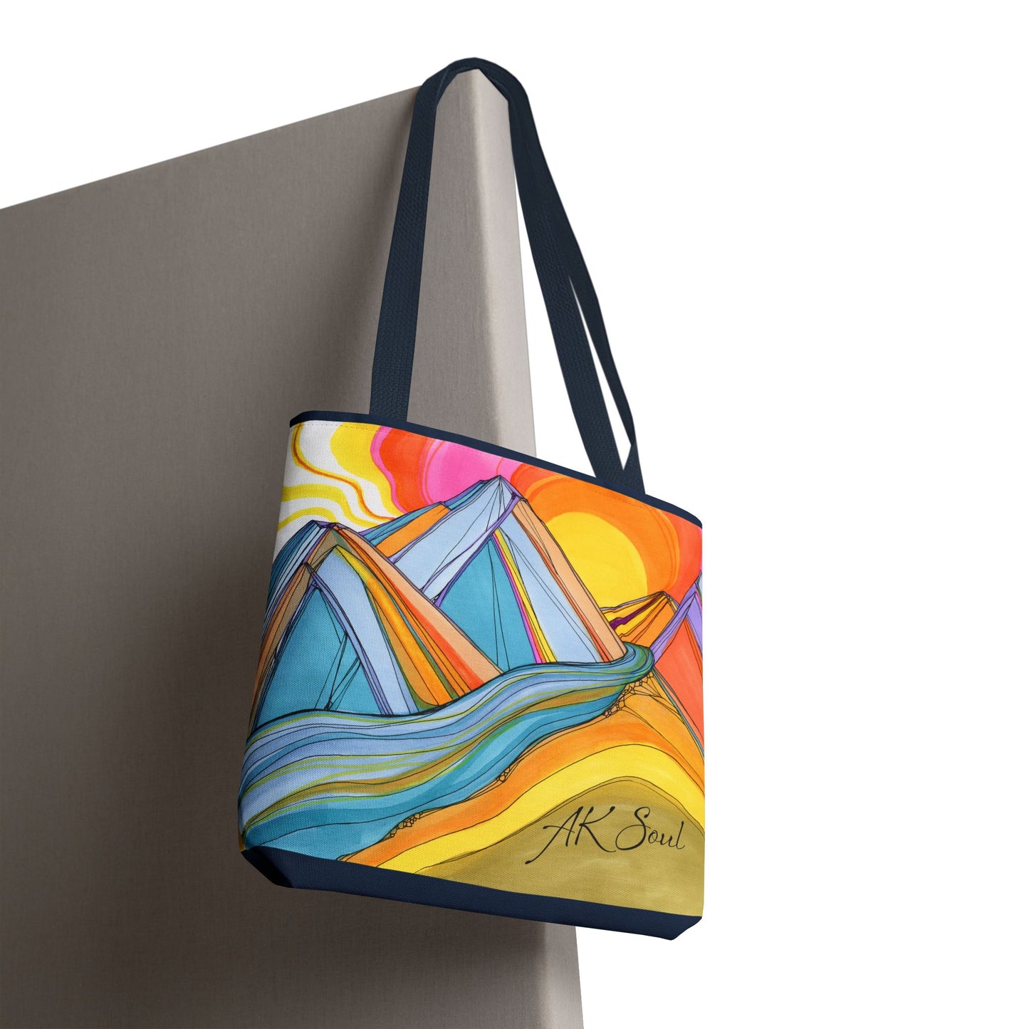 Colorful Mountain Sunset Tote Bag — Vibrant Abstract Landscape AOP