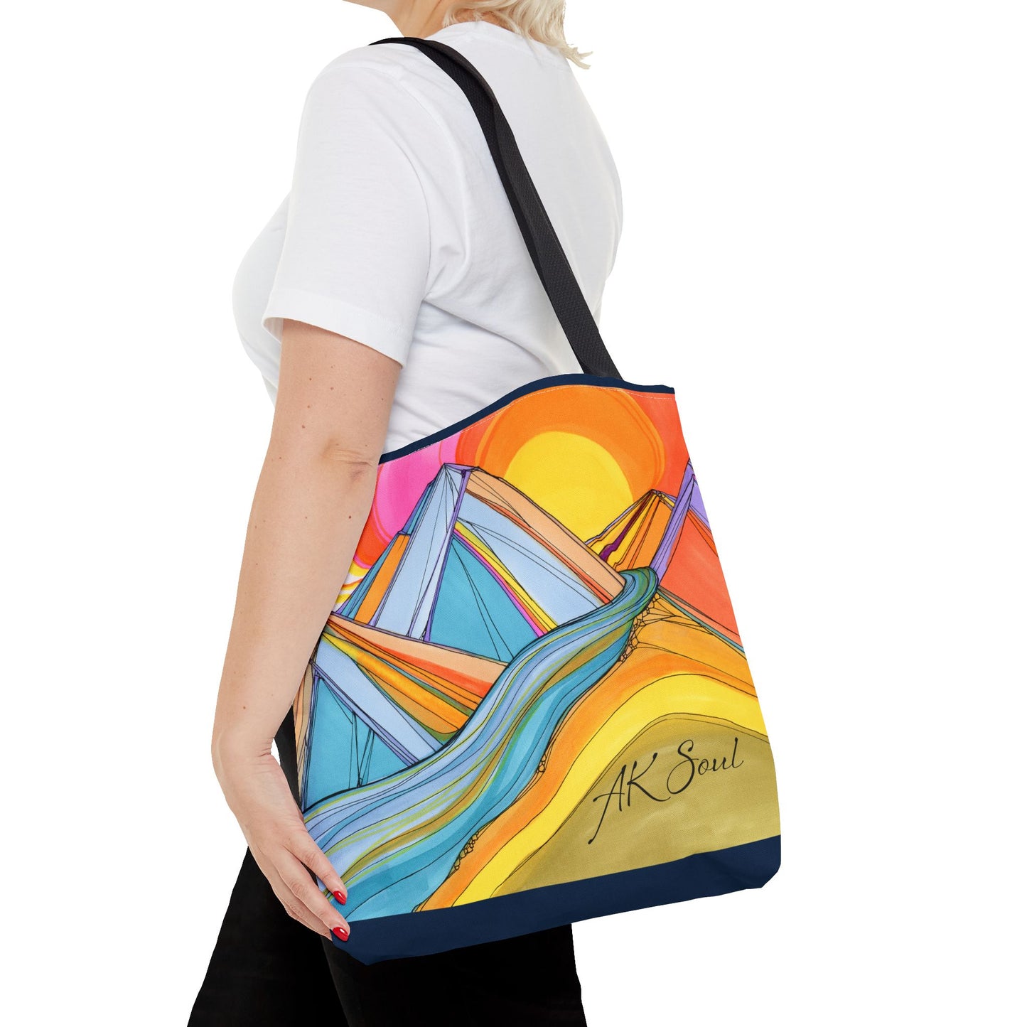 Colorful Mountain Sunset Tote Bag — Vibrant Abstract Landscape AOP