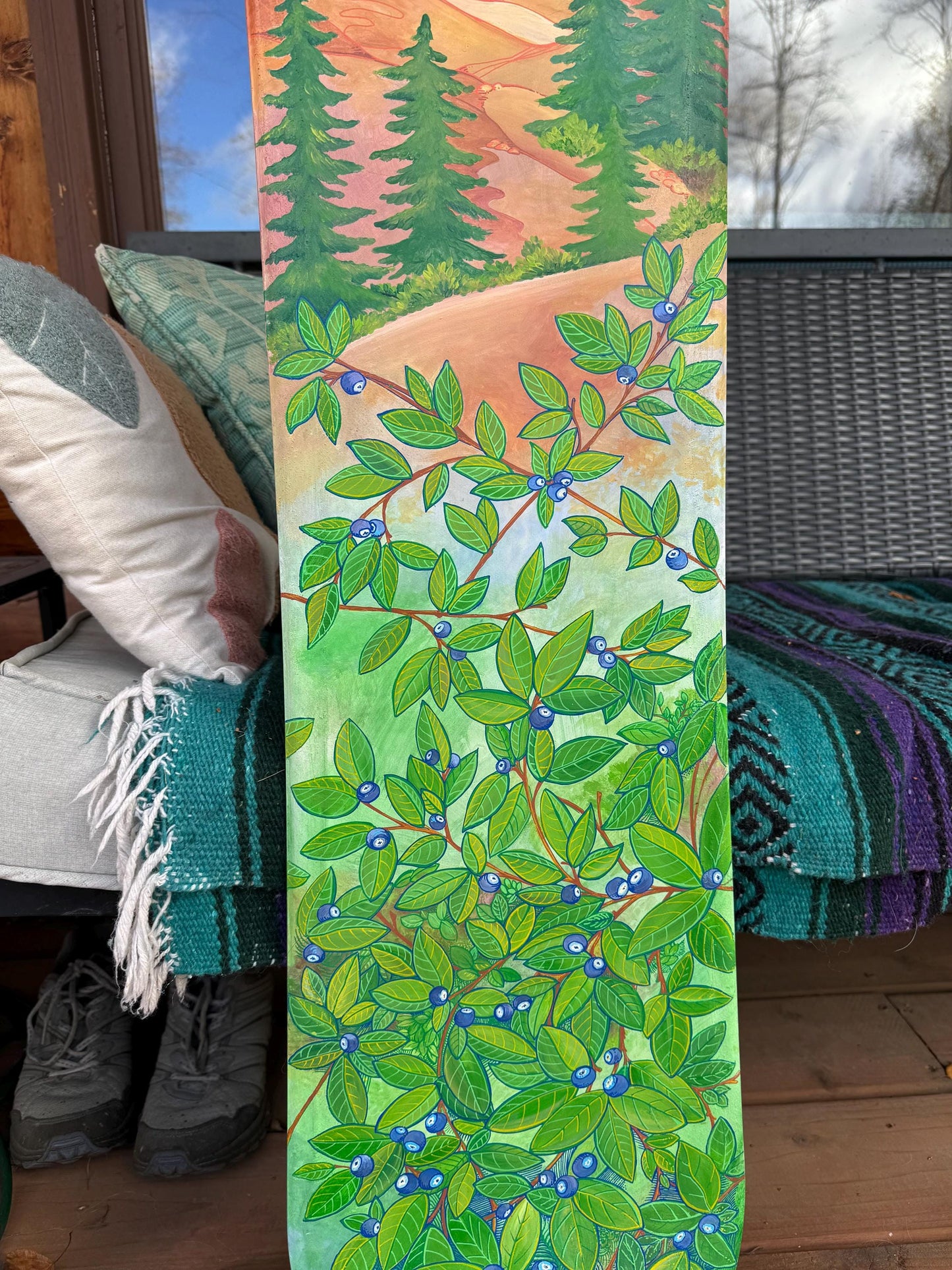 Snowboard art, bold mountains and sweet blueberries painted with acrylics
