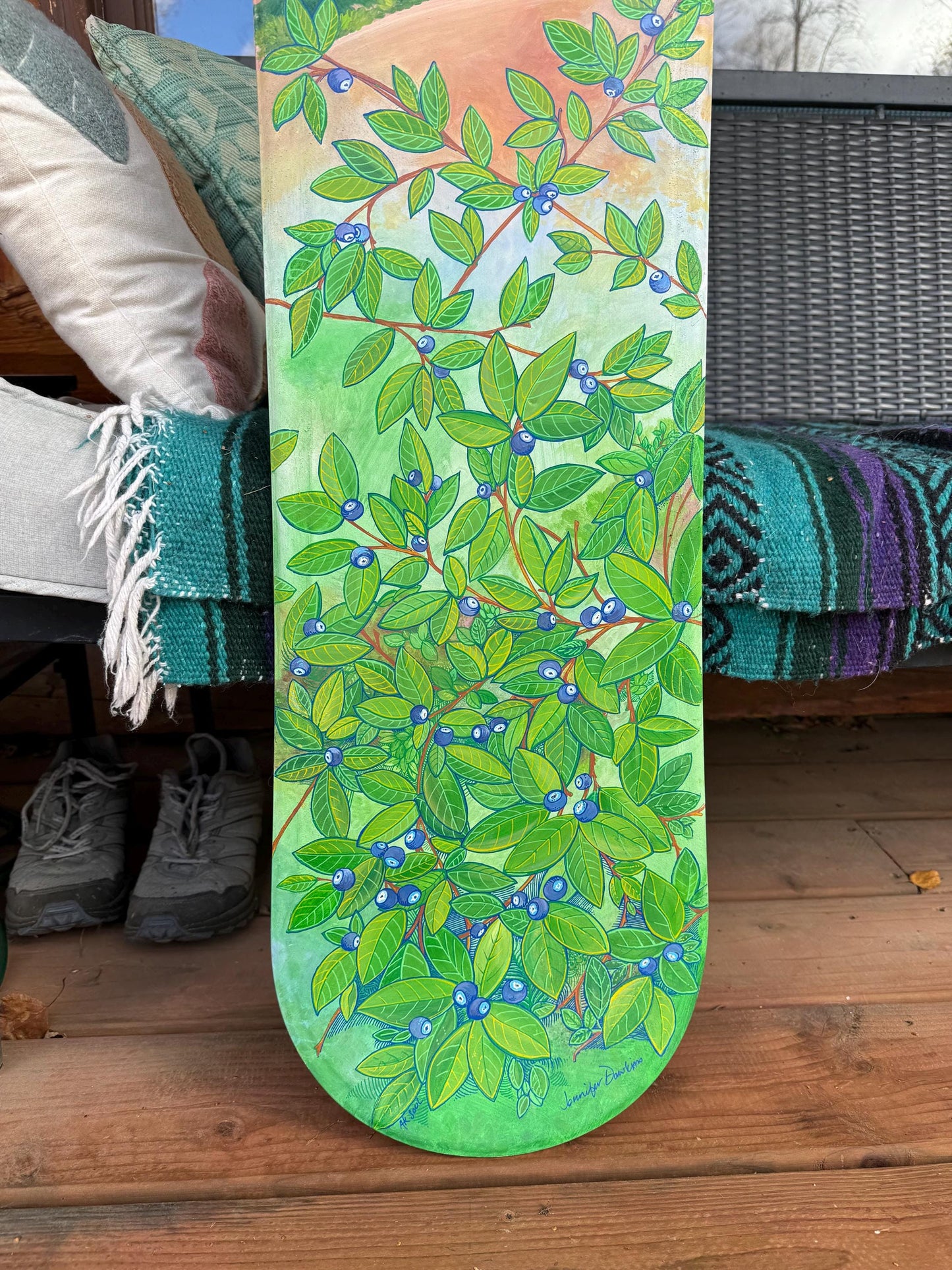 Snowboard art, bold mountains and sweet blueberries painted with acrylics