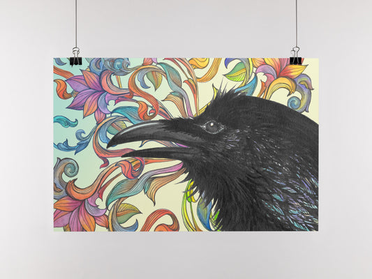 Black raven with brightly colored filagree print, hand drawn and painted