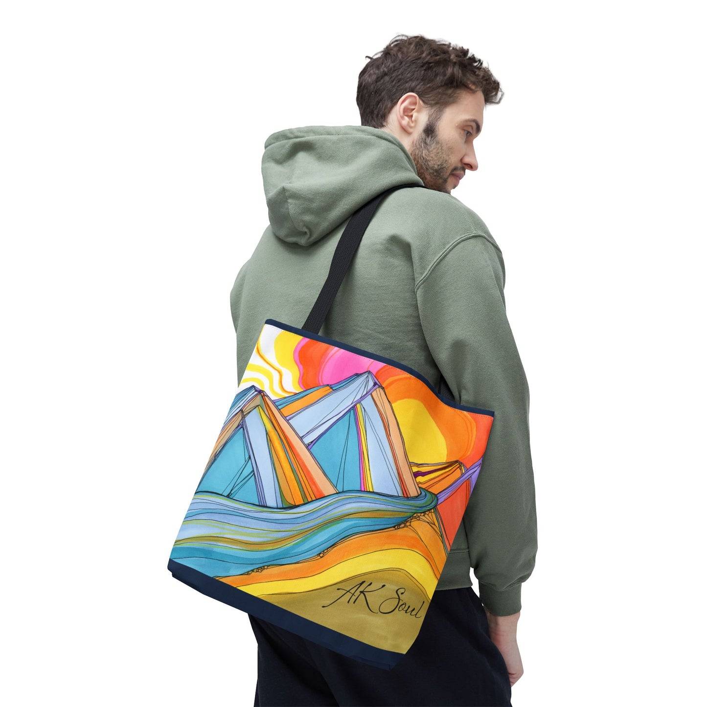 Colorful Mountain Sunset Tote Bag — Vibrant Abstract Landscape AOP