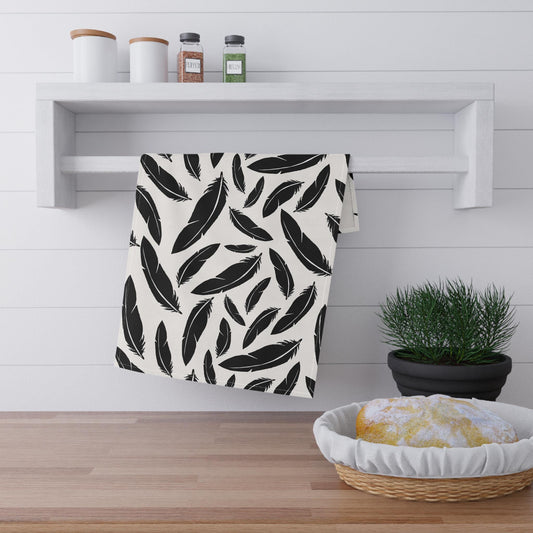 Raven Feather-Pattern Cotton Tea Towel: Boho Kitchen Decor