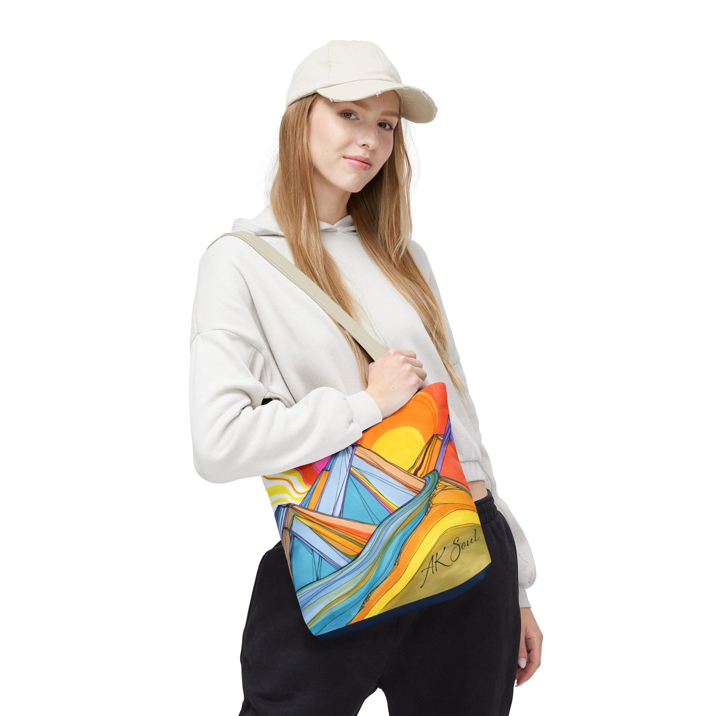 Colorful Mountain Sunset Tote Bag — Vibrant Abstract Landscape AOP