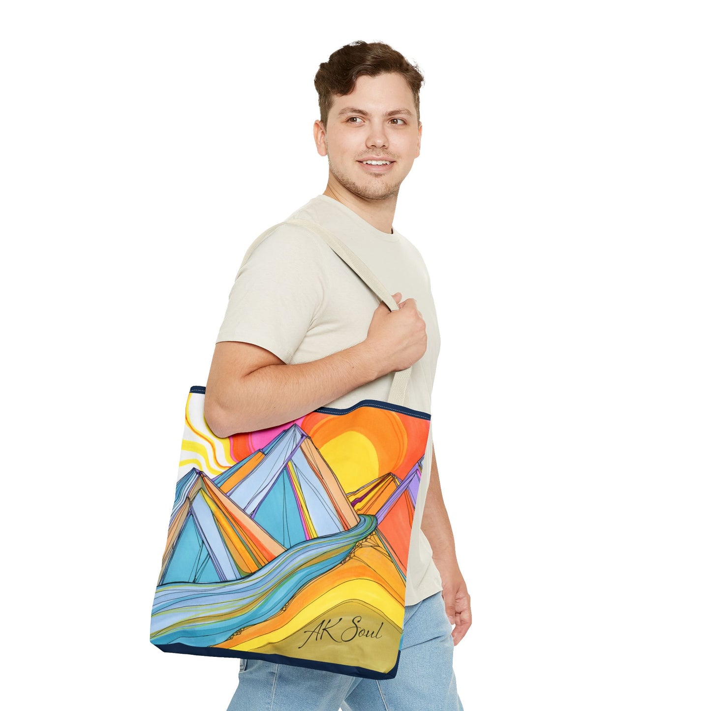 Colorful Mountain Sunset Tote Bag — Vibrant Abstract Landscape AOP