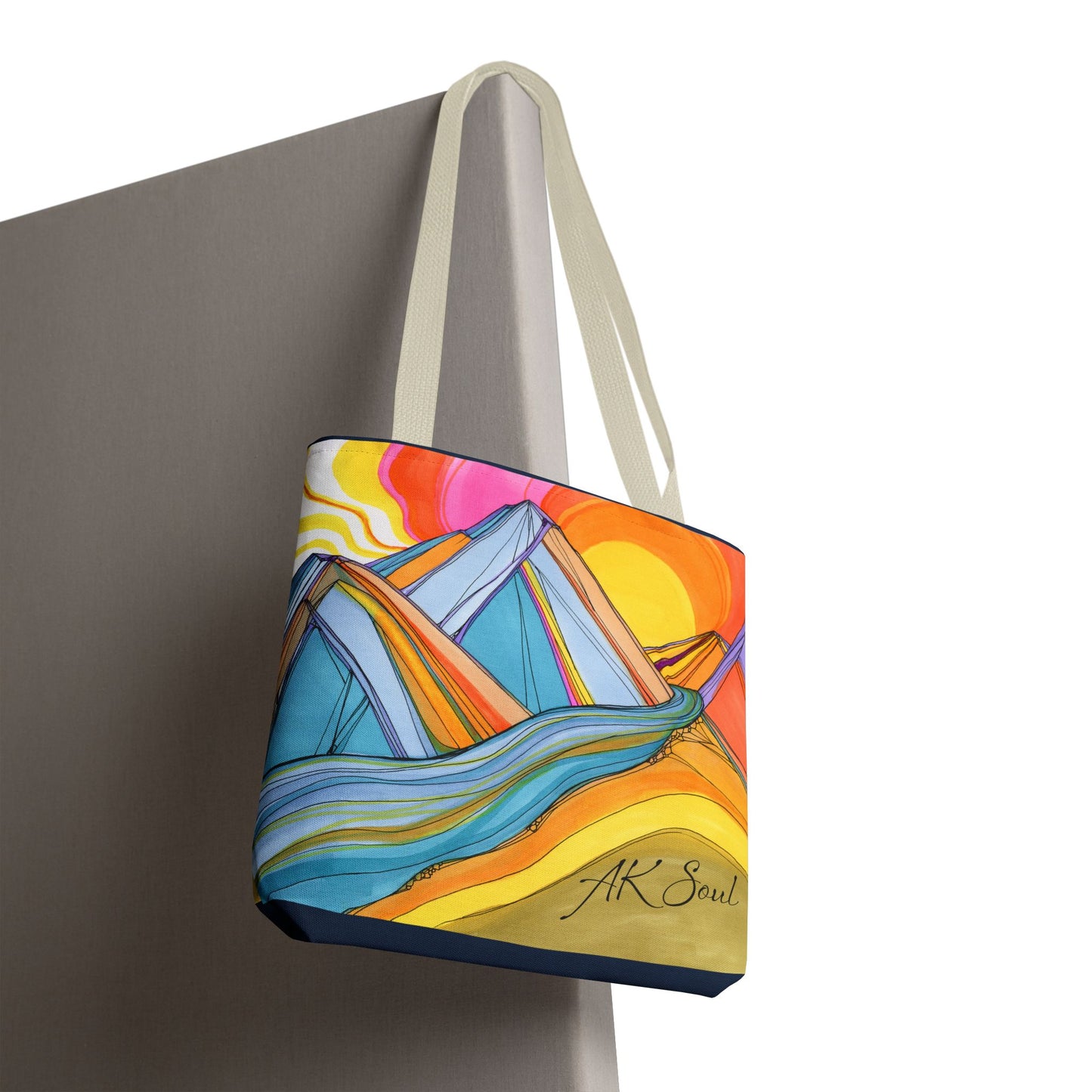 Colorful Mountain Sunset Tote Bag — Vibrant Abstract Landscape AOP