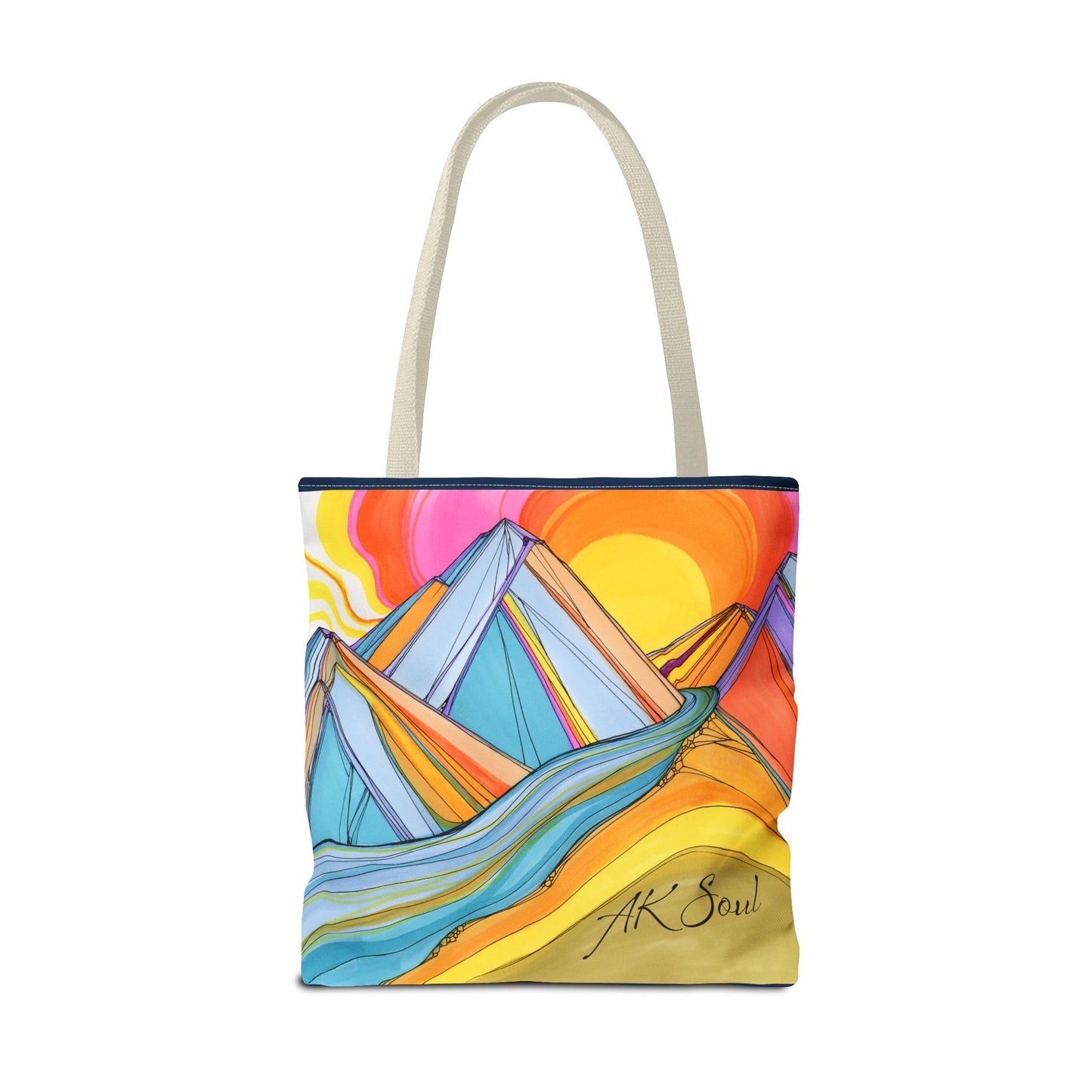 Colorful Mountain Sunset Tote Bag — Vibrant Abstract Landscape AOP
