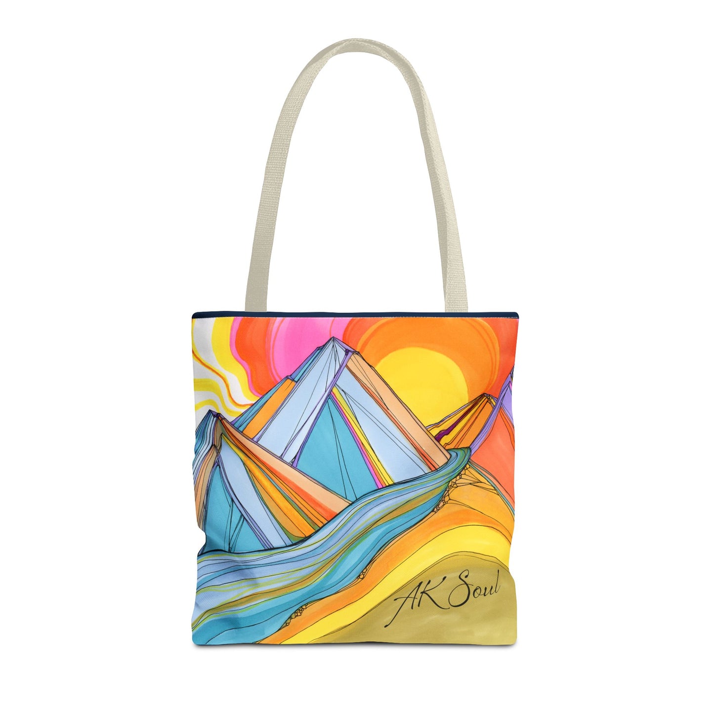 Colorful Mountain Sunset Tote Bag — Vibrant Abstract Landscape AOP