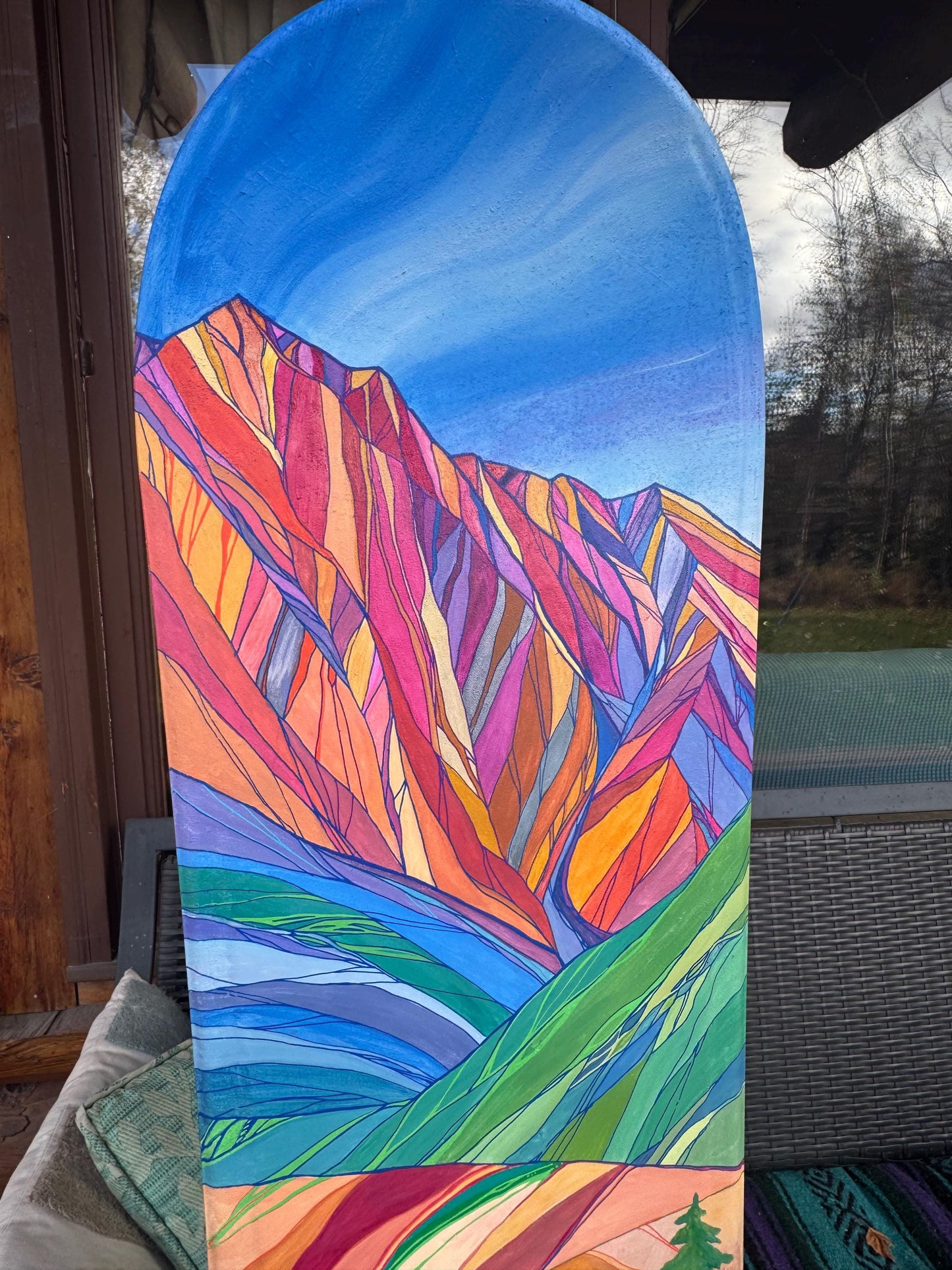 Snowboard art, bold mountains and sweet blueberries painted with acrylics