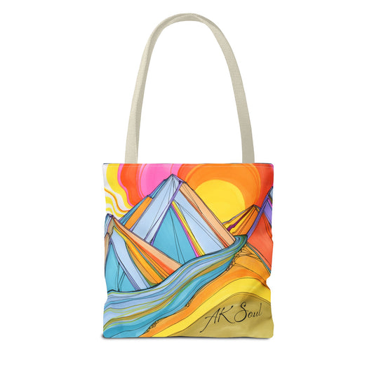 Colorful Mountain Sunset Tote Bag — Vibrant Abstract Landscape AOP
