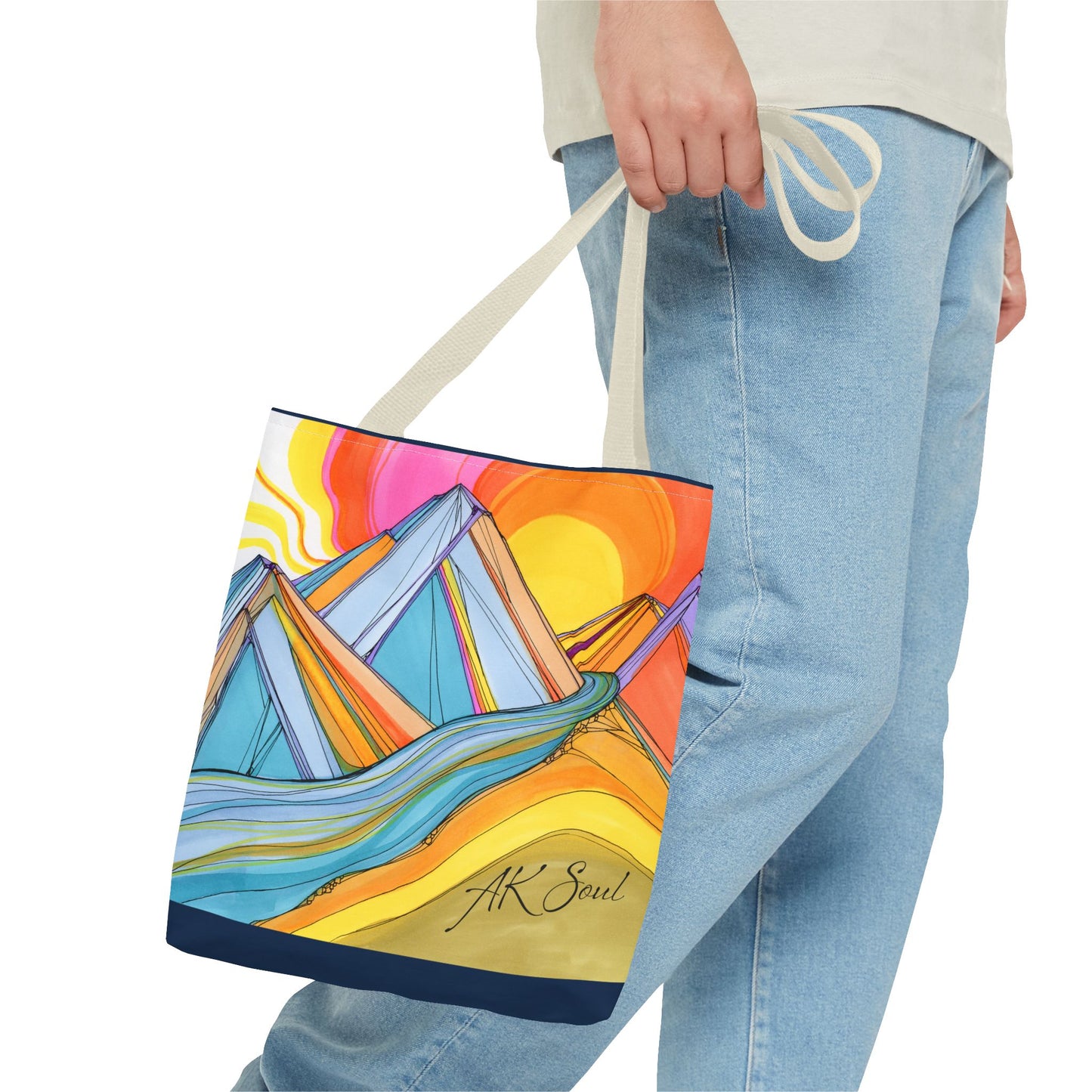 Colorful Mountain Sunset Tote Bag — Vibrant Abstract Landscape AOP