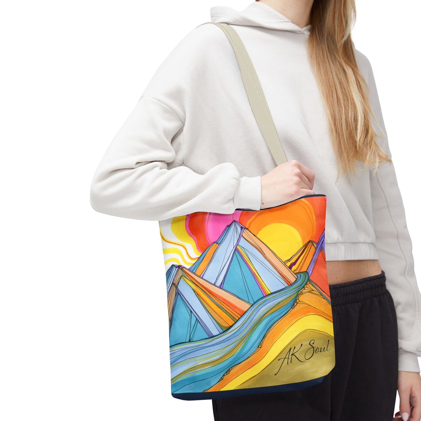 Colorful Mountain Sunset Tote Bag — Vibrant Abstract Landscape AOP