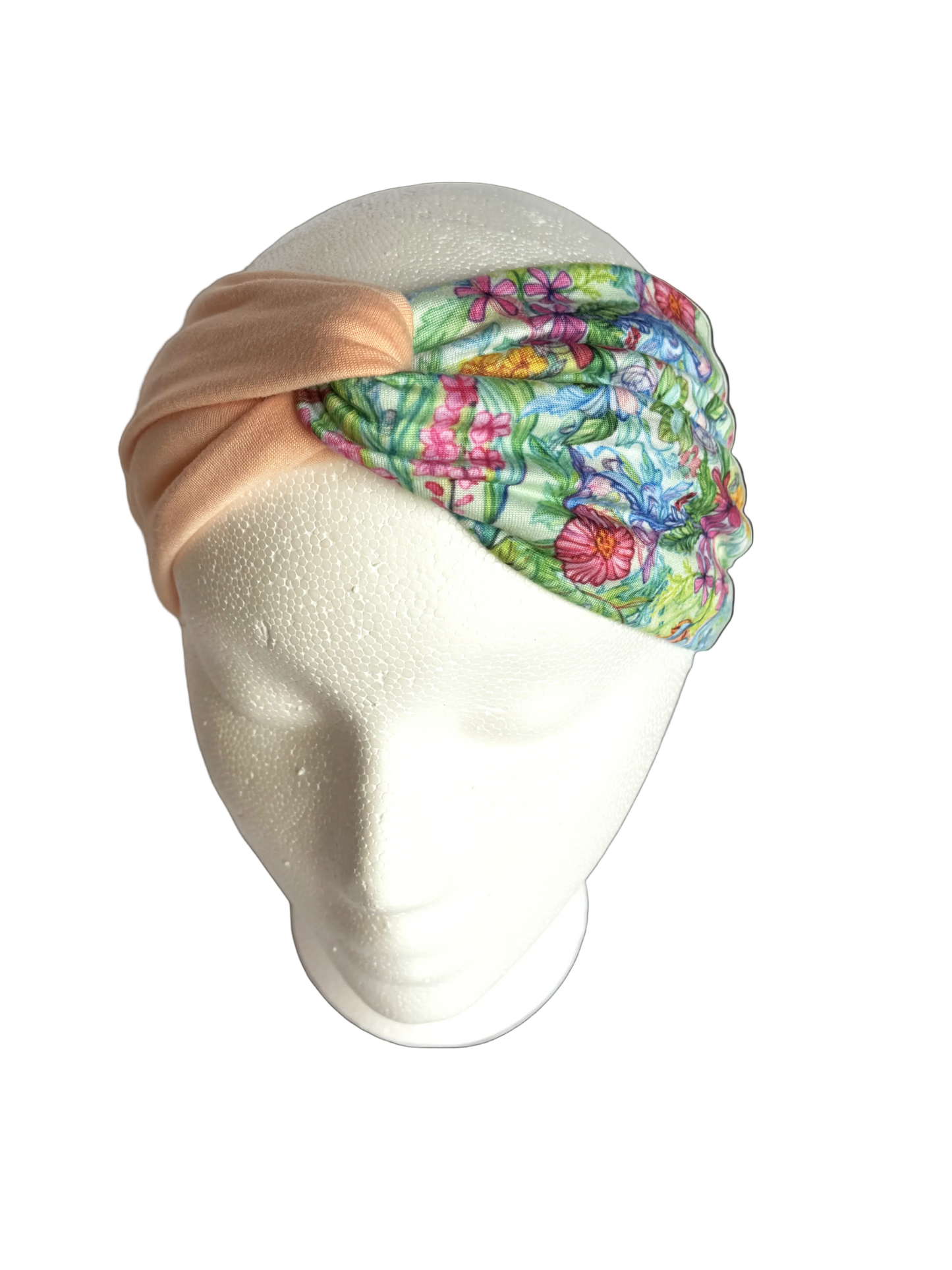 Wildflower print headband with a coral secondary color