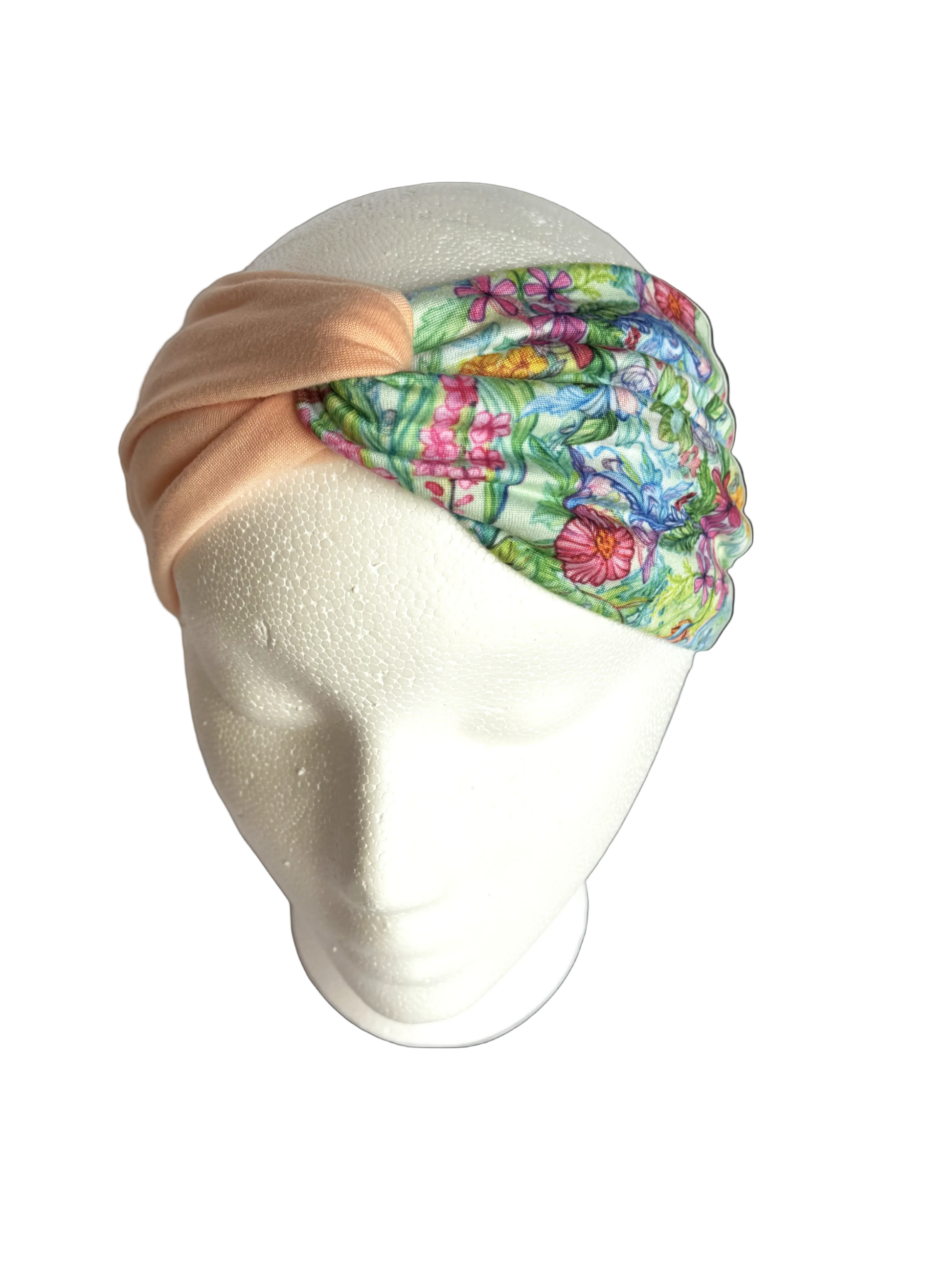 Wildflower print headband with a coral secondary color