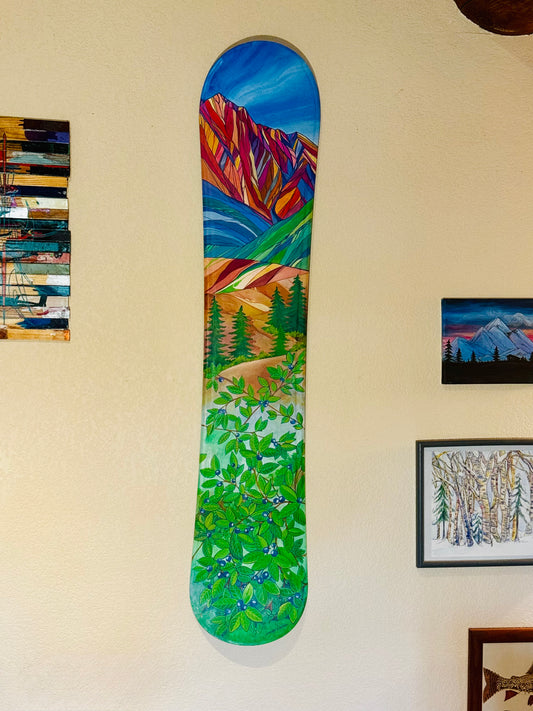 Snowboard art, bold mountains and sweet blueberries painted with acrylics