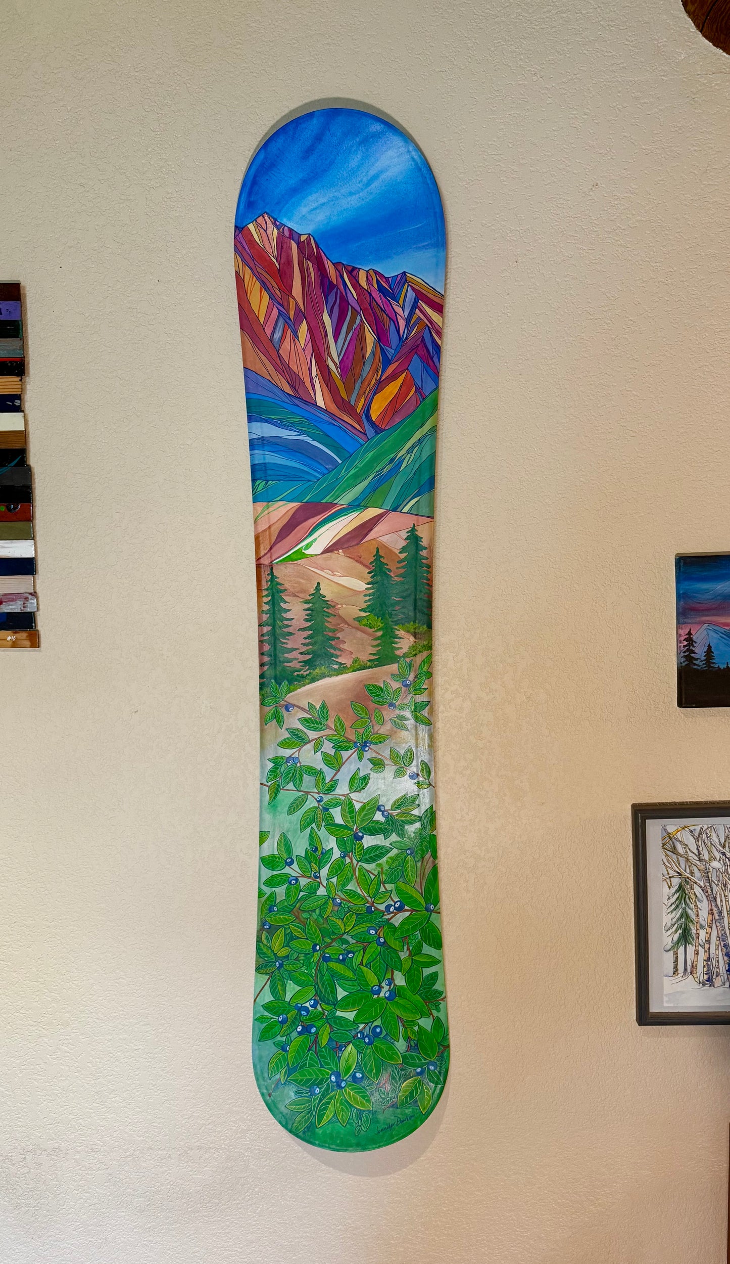 Snowboard art, bold mountains and sweet blueberries painted with acrylics