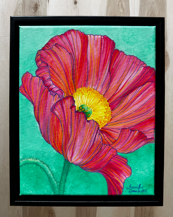 Pink Poppy Acrylic on 8"x10" canvas original - framed