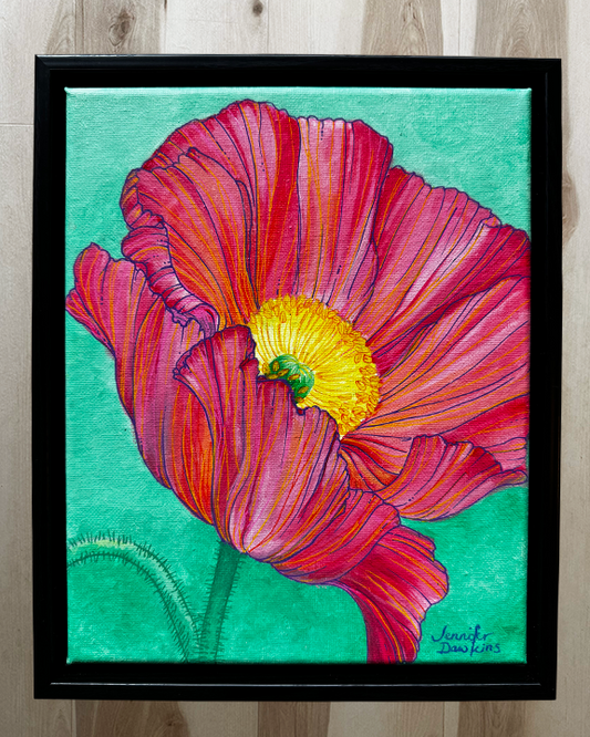 Pink Poppy Acrylic on 8"x10" canvas original - framed
