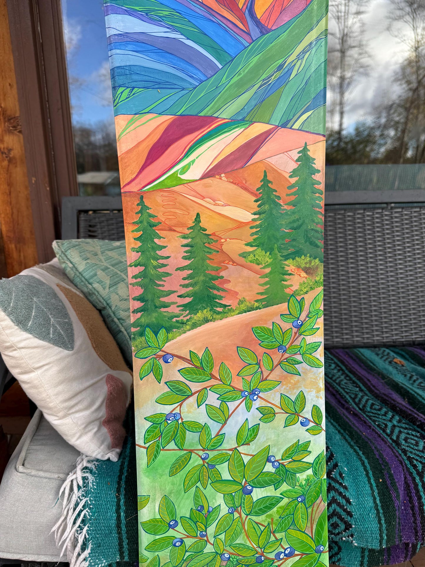Snowboard art, bold mountains and sweet blueberries painted with acrylics
